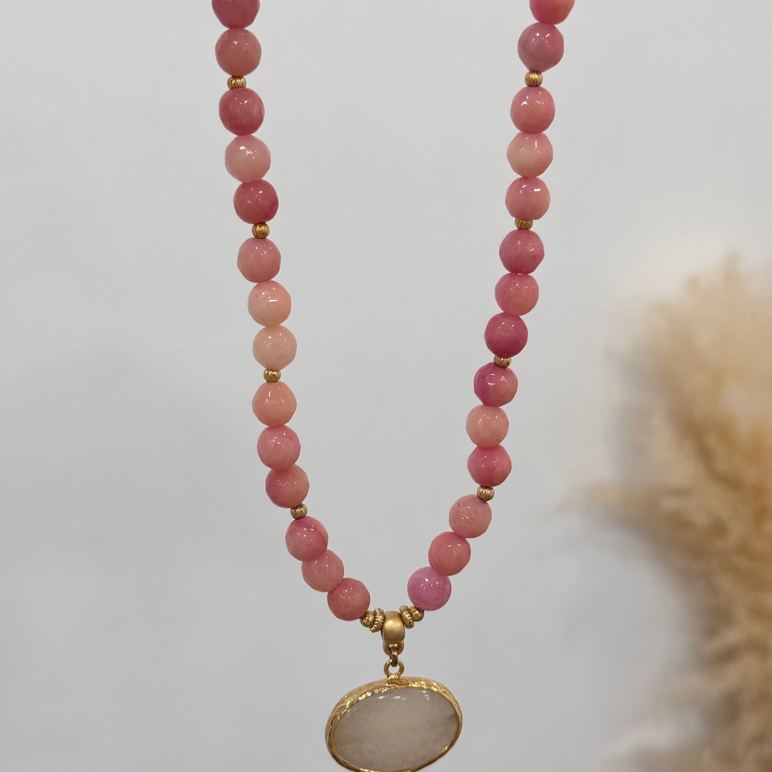 Pembe Kuvars Doğal Taşlı Tasarım Handmade Kolye