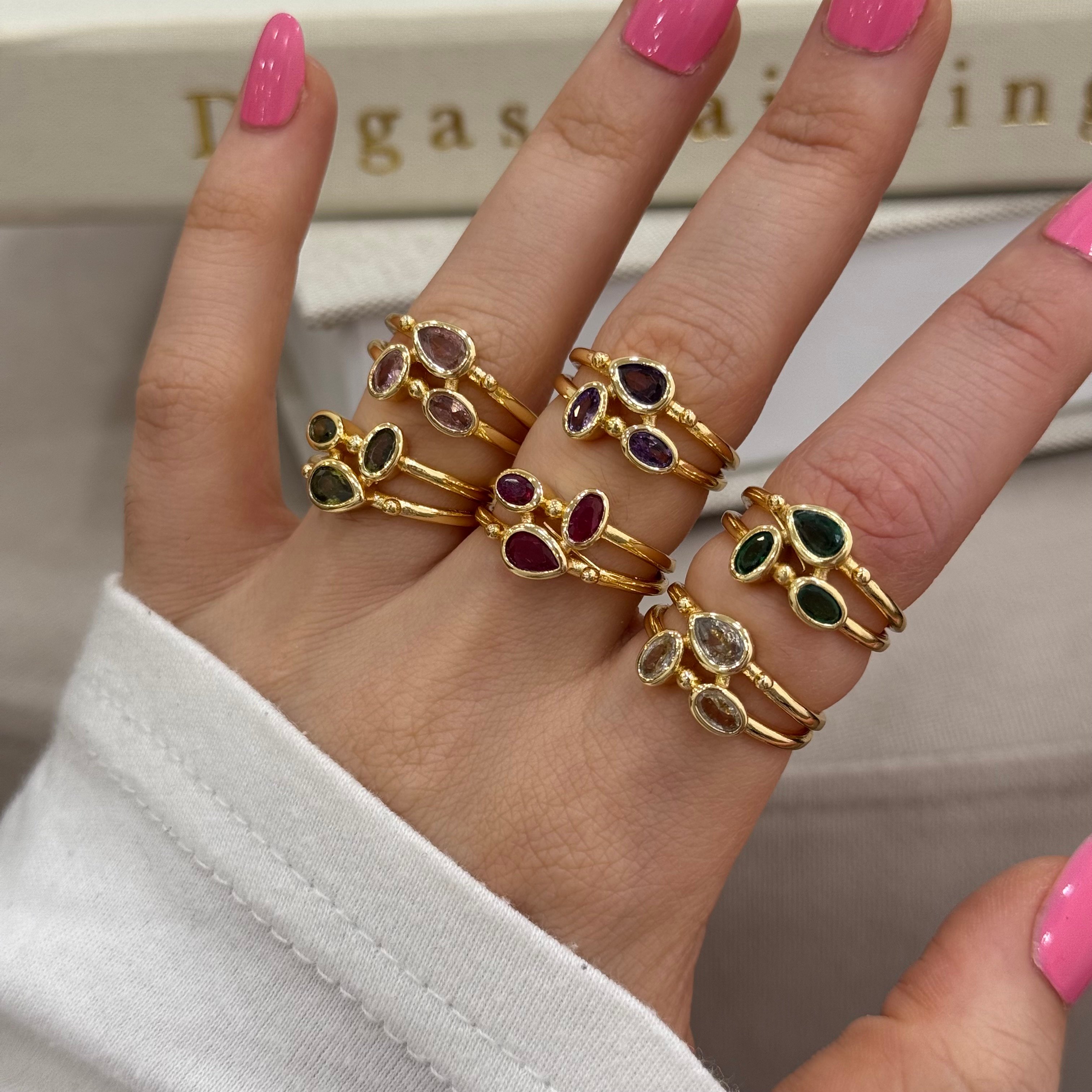 Premium Renkli Kristal Drops Vintage Ayarlı Yüzük