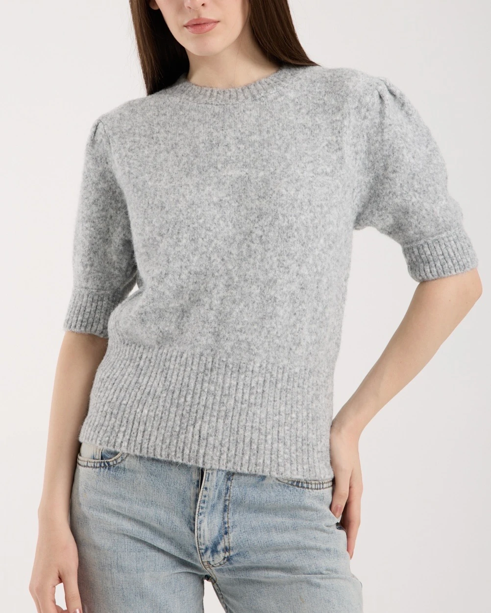 Soft Bloom Knit Gray | Kısa Kollu Balon Kol Premium Triko