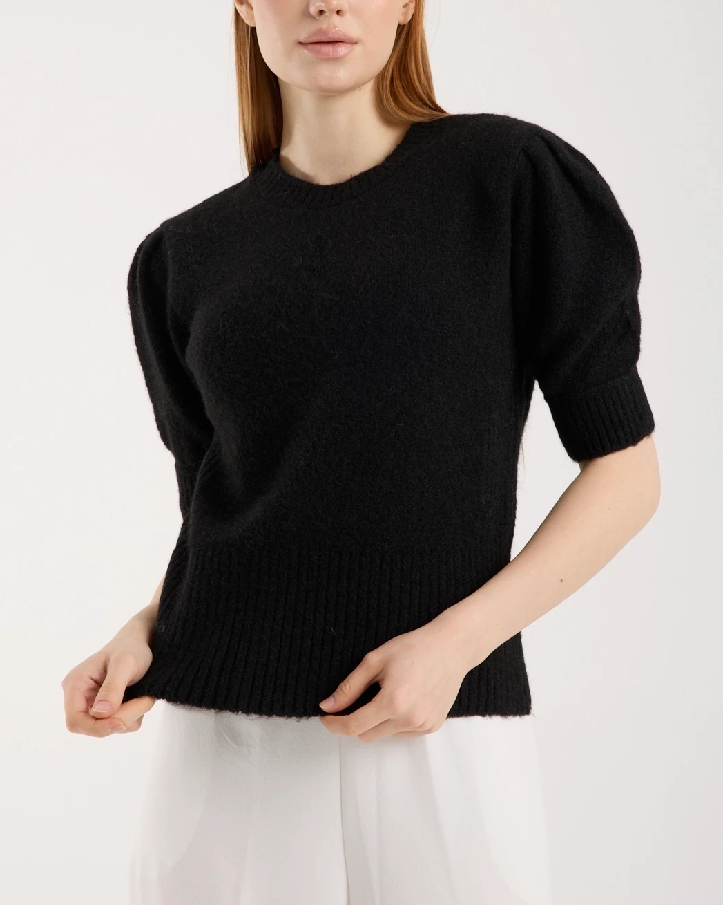 Soft Bloom Knit Black | Kısa Kollu Balon Kol Premium Triko