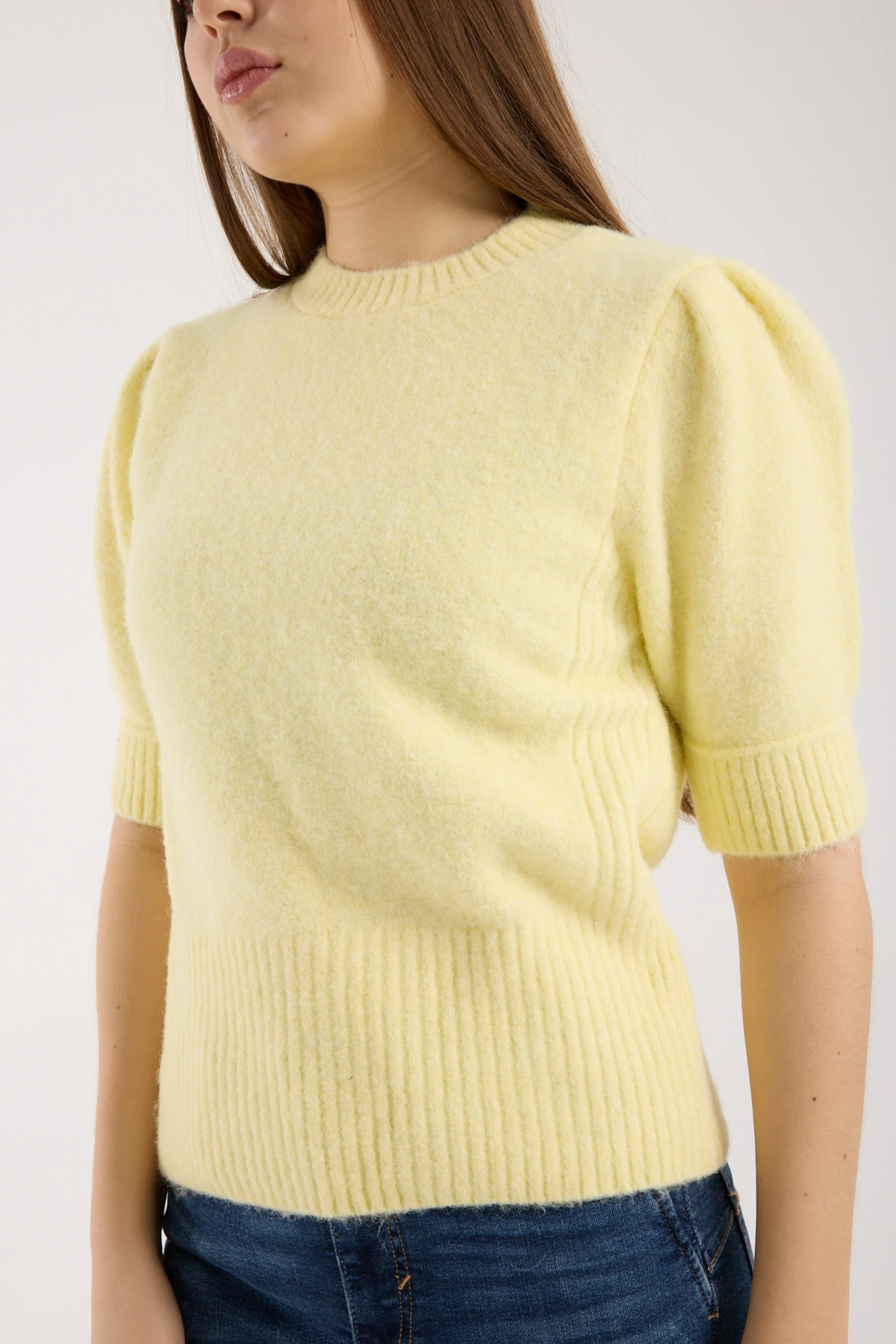 Soft Bloom Knit Yellow | Kısa Kollu Balon Kol Premium Triko