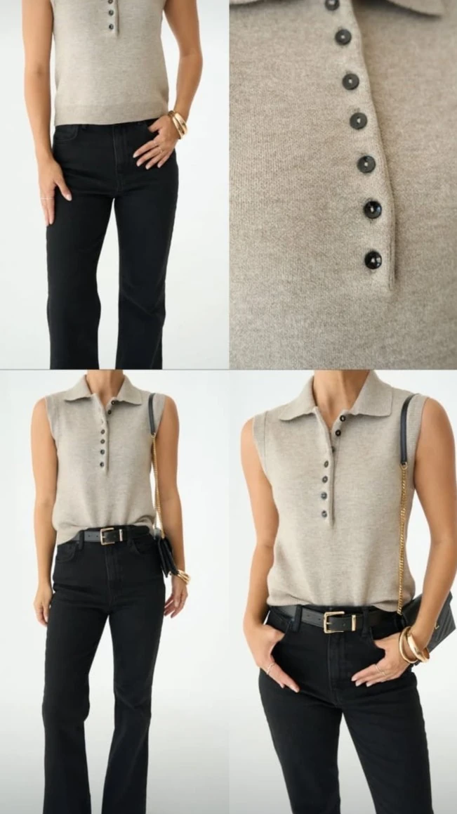 Düğmeli Kolsuz Bej Premium Triko 