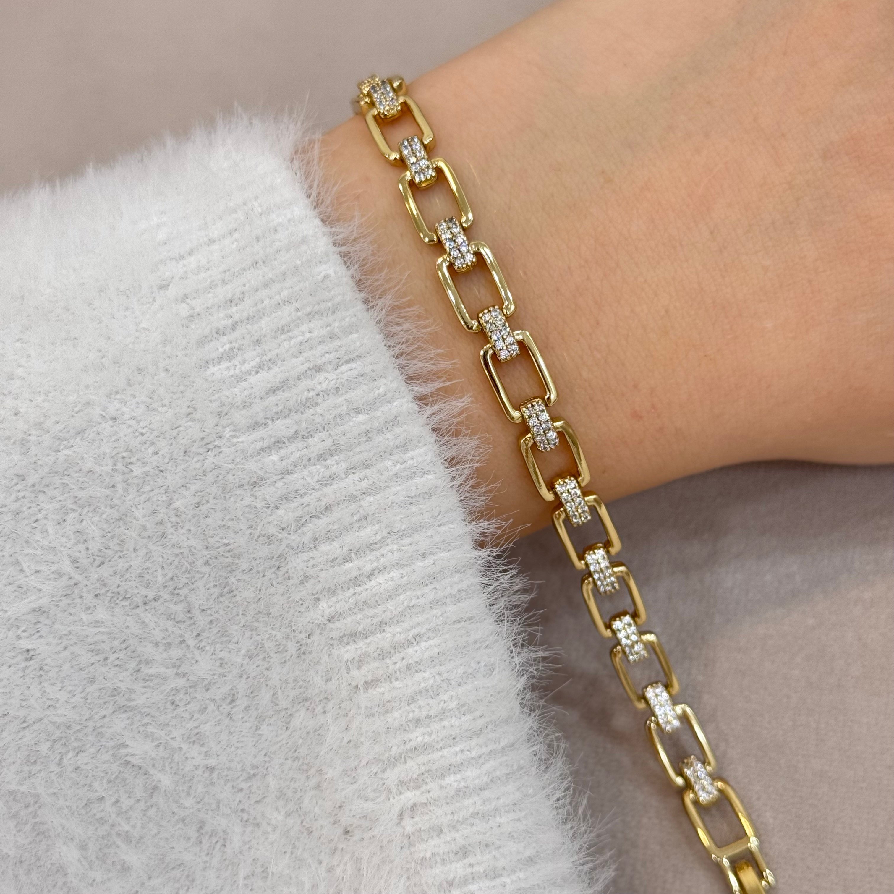 14k Gold Kuyumcu Serisi Zirkon Taşlı Oval Zincir Bileklik
