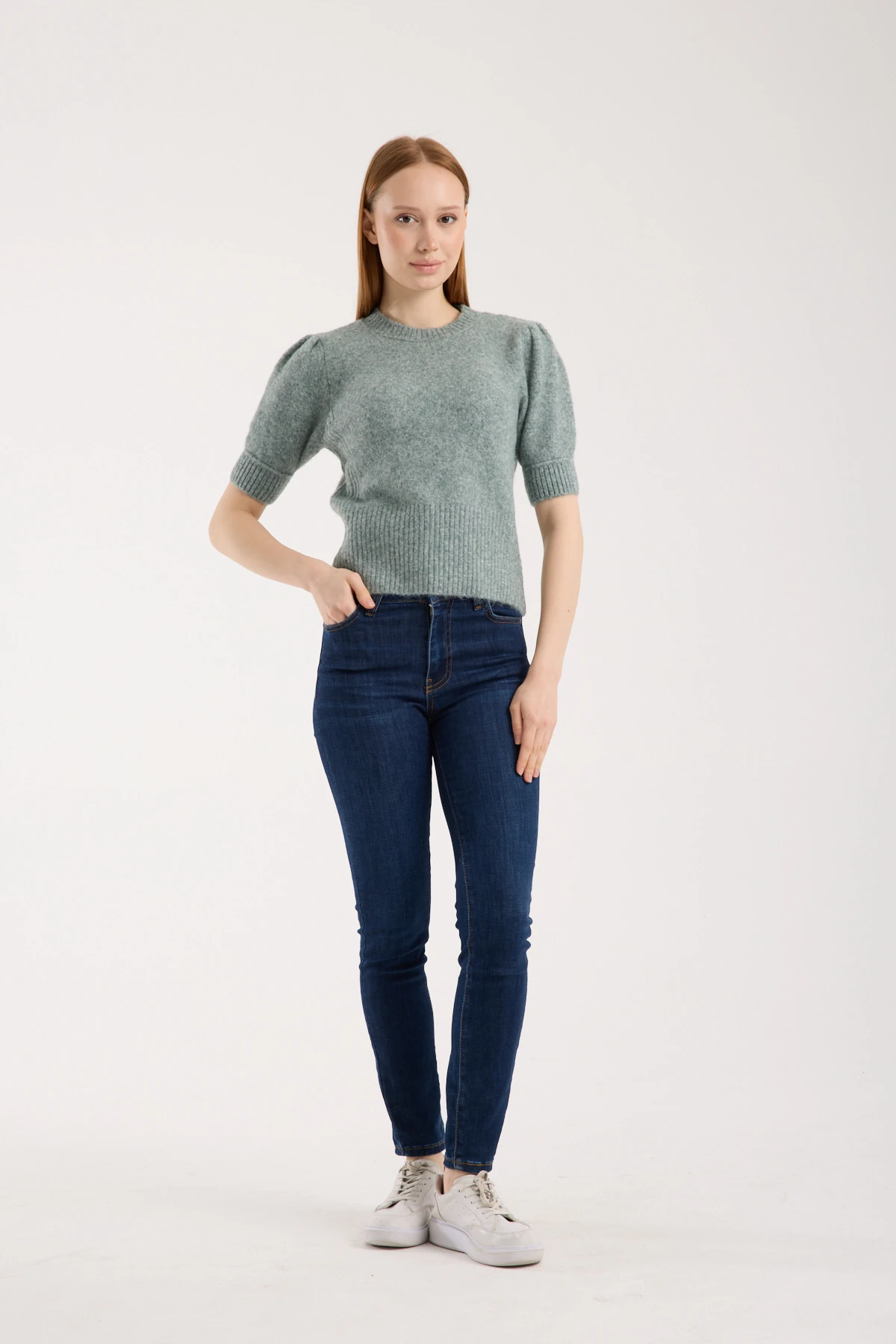 Soft Bloom Knit Green | Kısa Kollu Balon Kol Premium Triko 