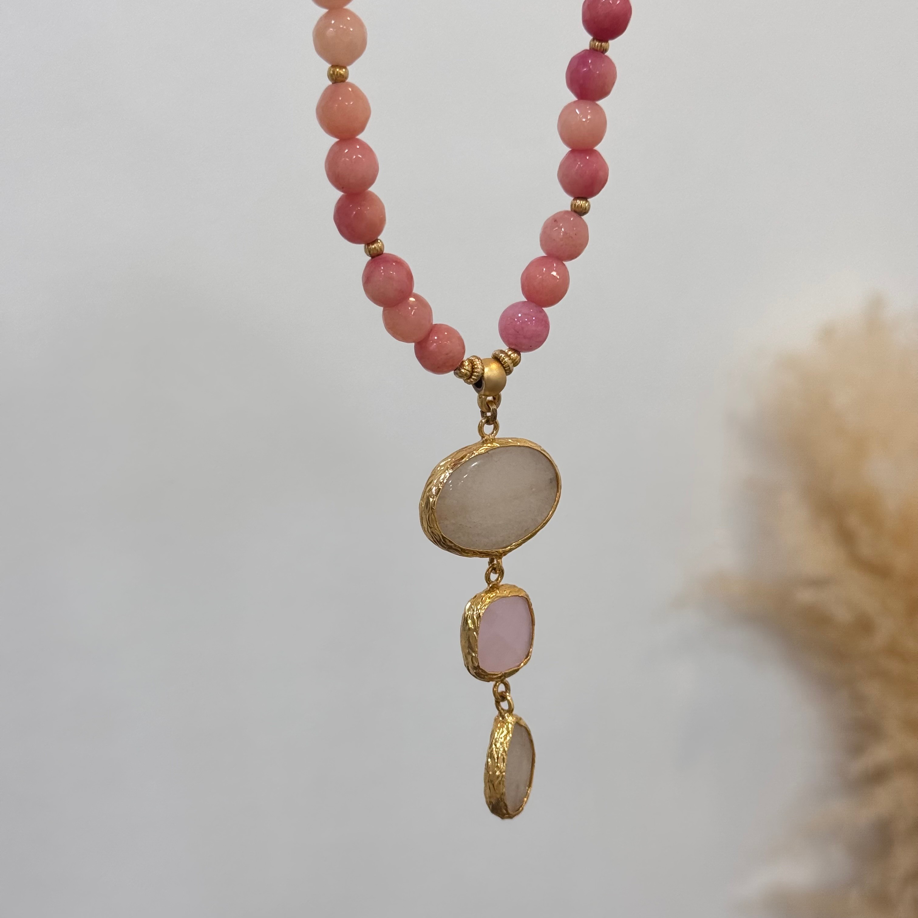 Pembe Kuvars Doğal Taşlı Tasarım Handmade Kolye