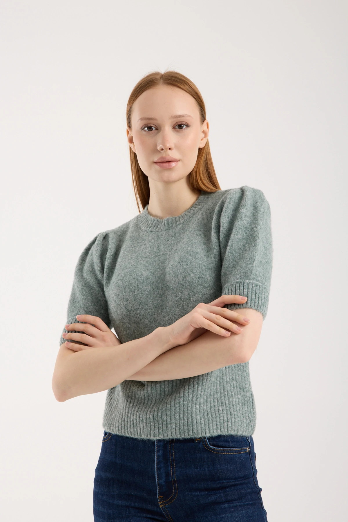 Soft Bloom Knit Green | Kısa Kollu Balon Kol Premium Triko 