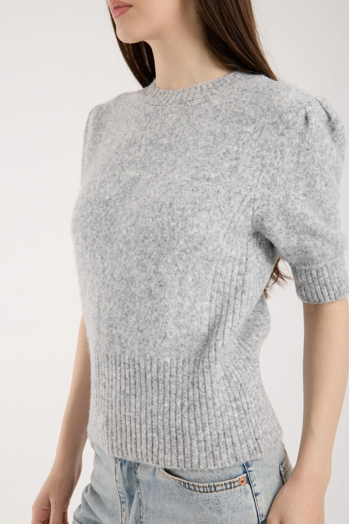 Soft Bloom Knit Gray | Kısa Kollu Balon Kol Premium Triko