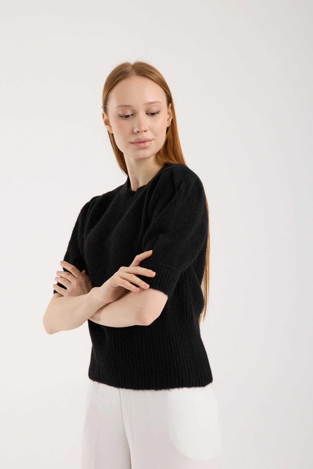 Soft Bloom Knit Black | Kısa Kollu Balon Kol Premium Triko