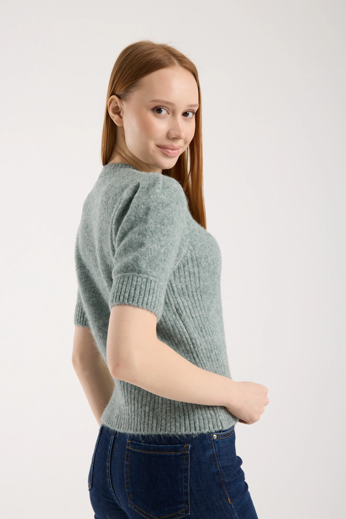 Soft Bloom Knit Green | Kısa Kollu Balon Kol Premium Triko 