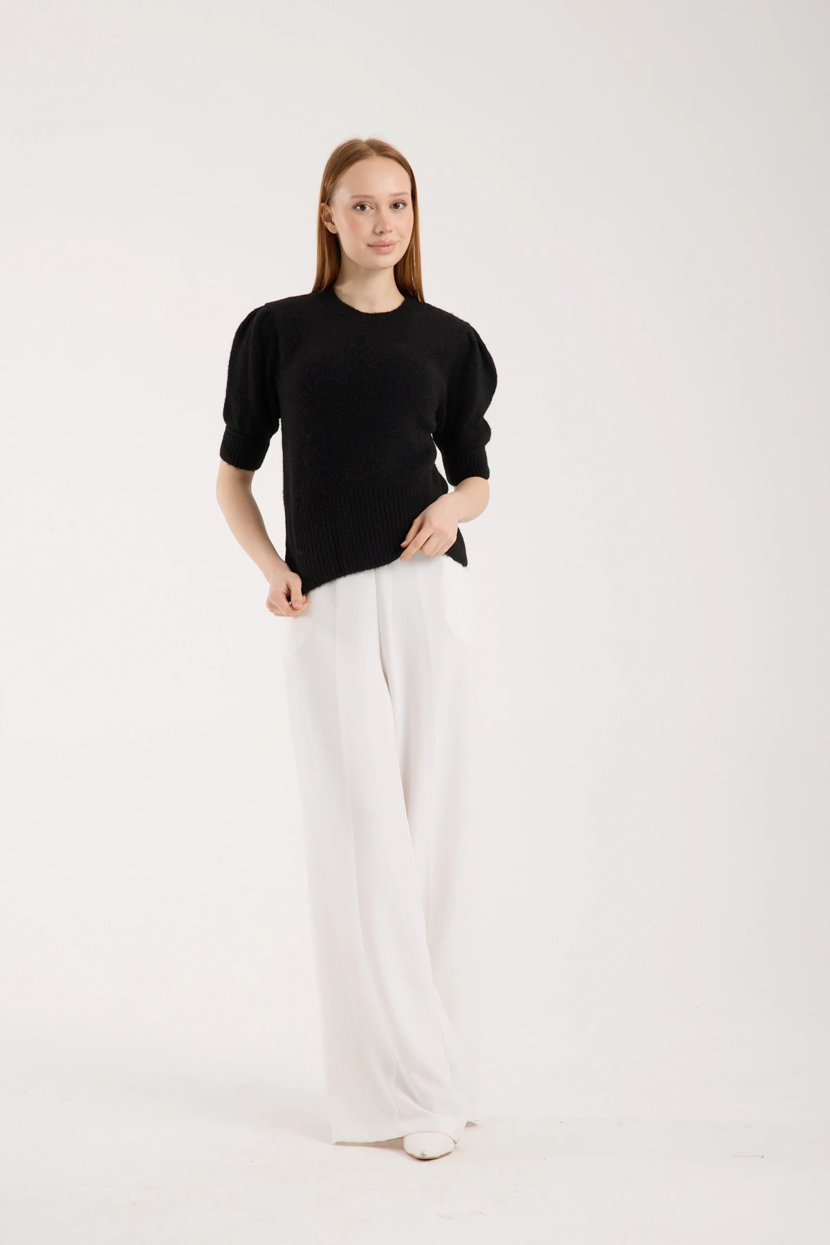 Soft Bloom Knit Black | Kısa Kollu Balon Kol Premium Triko