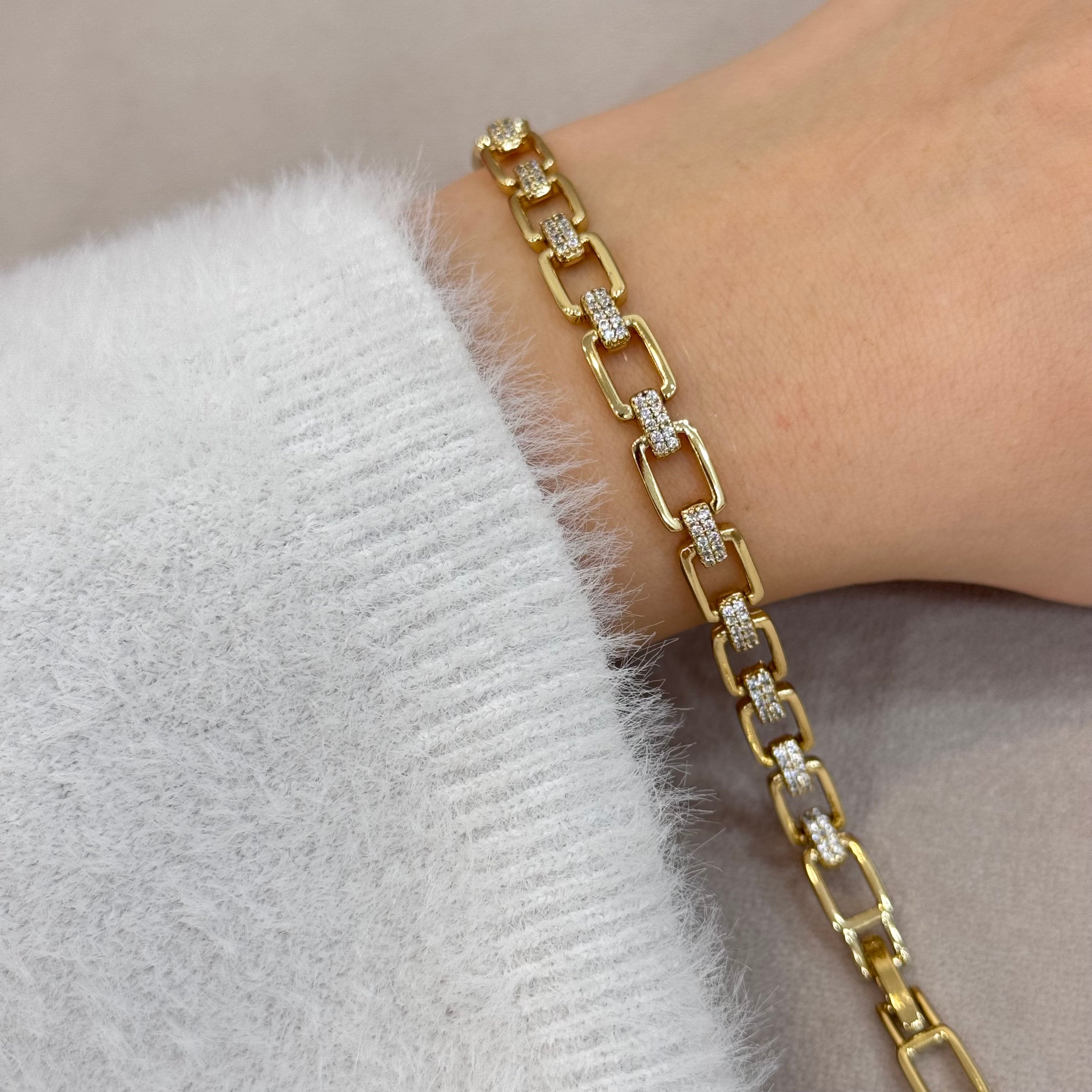 14k Gold Kuyumcu Serisi Zirkon Taşlı Oval Zincir Bileklik