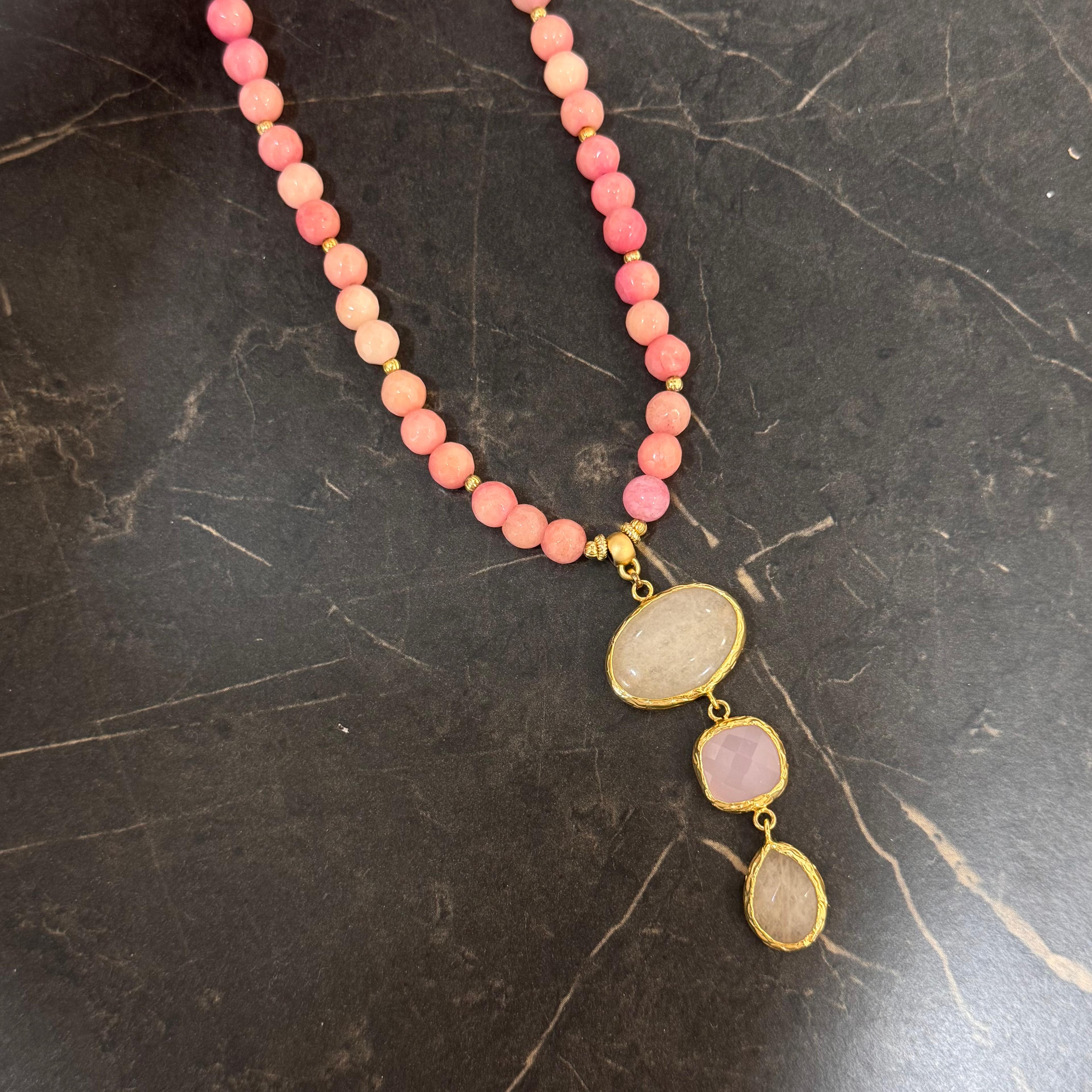 Pembe Kuvars Doğal Taşlı Tasarım Handmade Kolye
