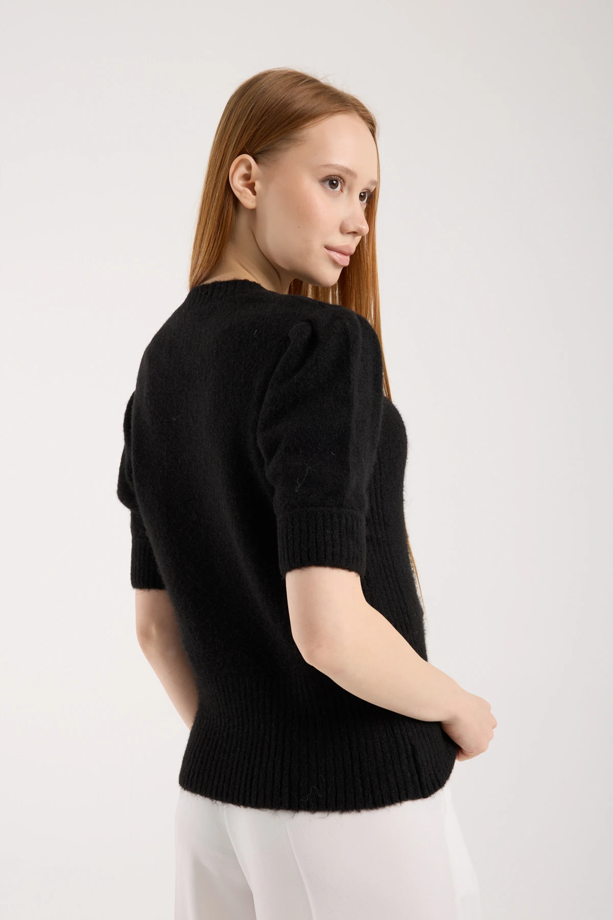 Soft Bloom Knit Black | Kısa Kollu Balon Kol Premium Triko