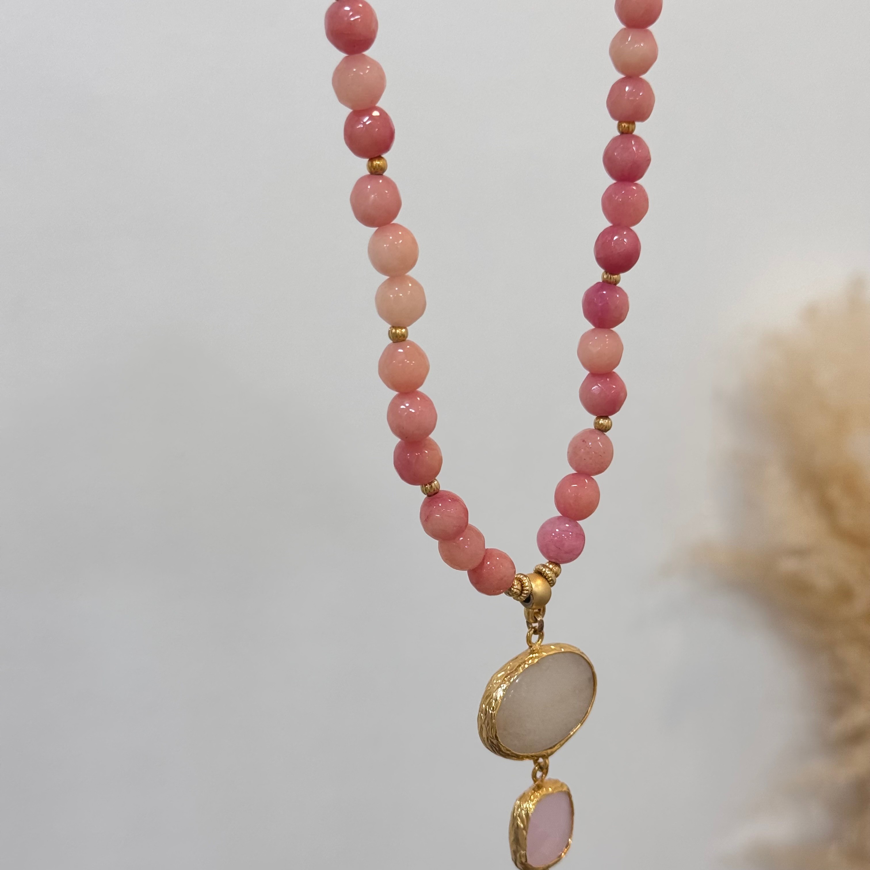Pembe Kuvars Doğal Taşlı Tasarım Handmade Kolye
