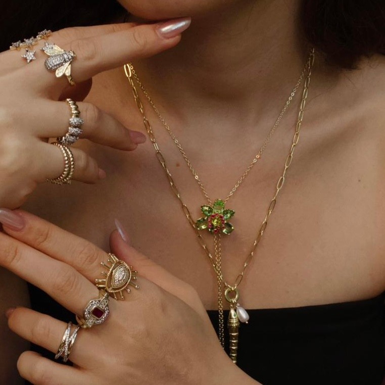 Çelik 14k Green Flower Aesthetic Asansörlü Kolye