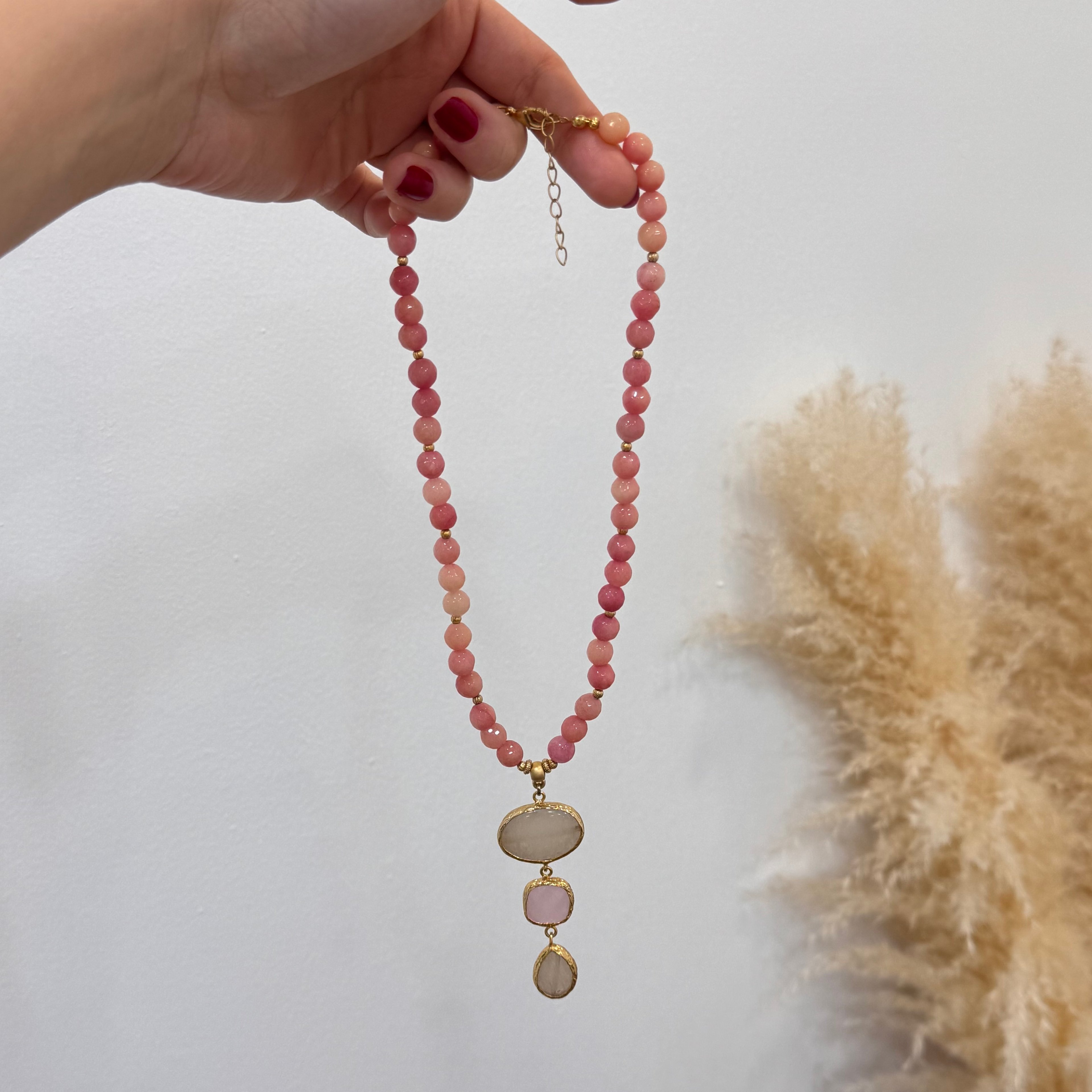Pembe Kuvars Doğal Taşlı Tasarım Handmade Kolye
