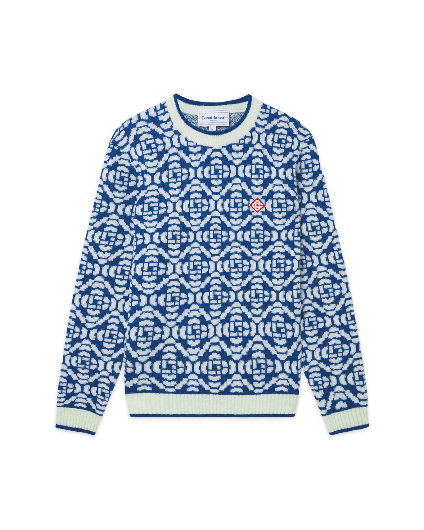 Monogram Desenli Premium Triko Kazak - Marina Blue/White