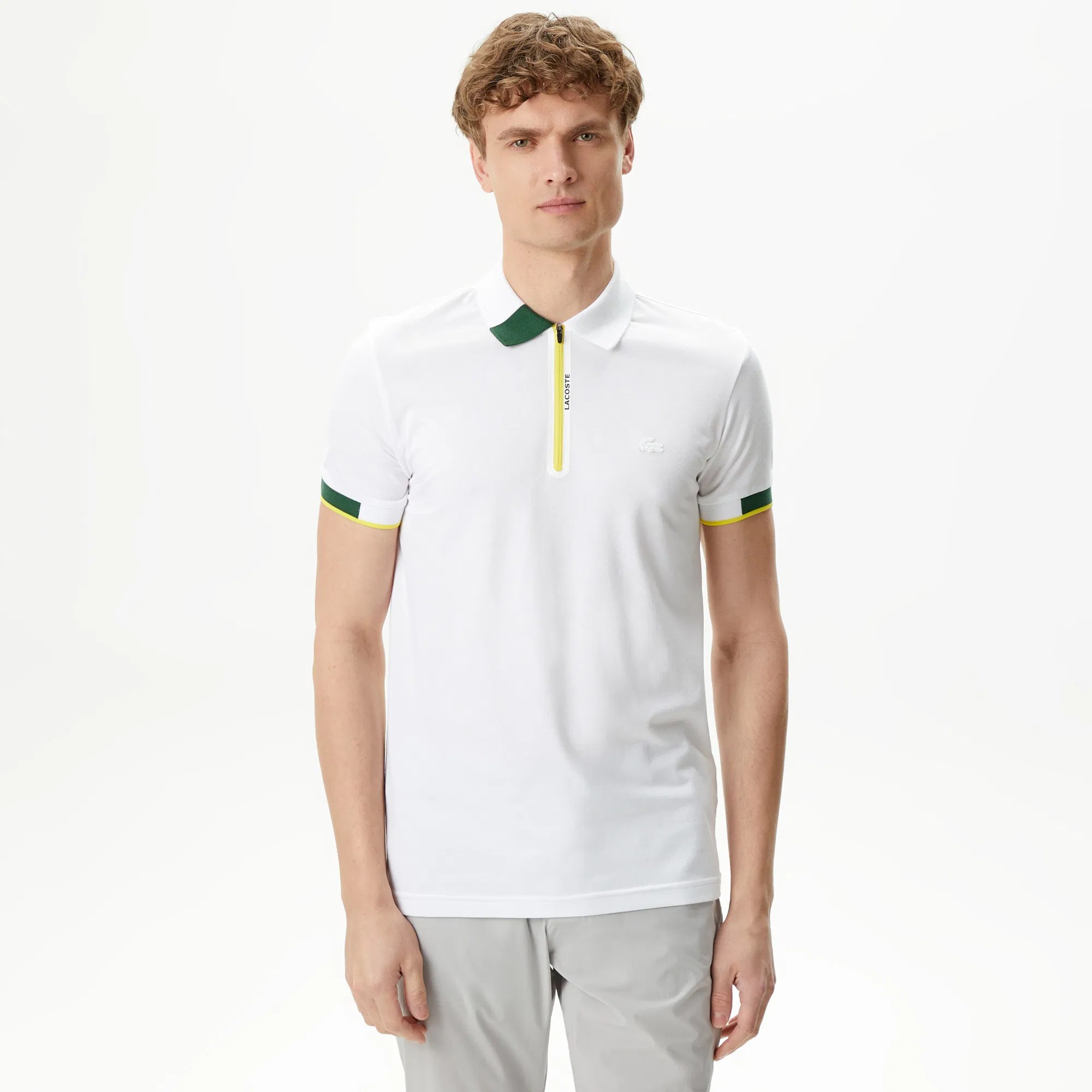 Fermuarlı Polo Yaka T-Shirt - Beyaz/Yeşil/Sarı