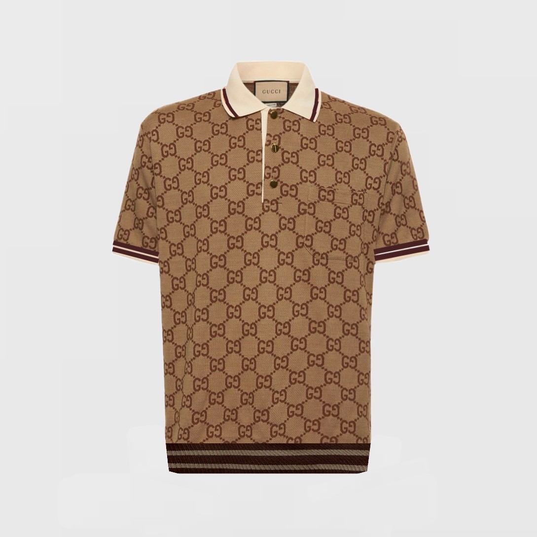 GG Printed Monogram Polo Yaka Triko T-Shirt - Bej/Kahverengi