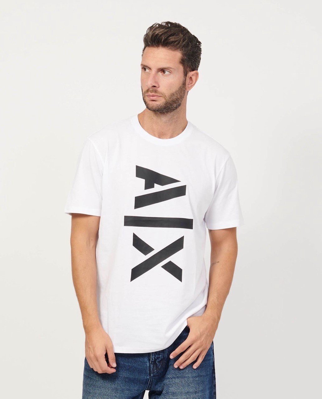 Big Vertical AX Logo Cotton T-Shirt - Beyaz