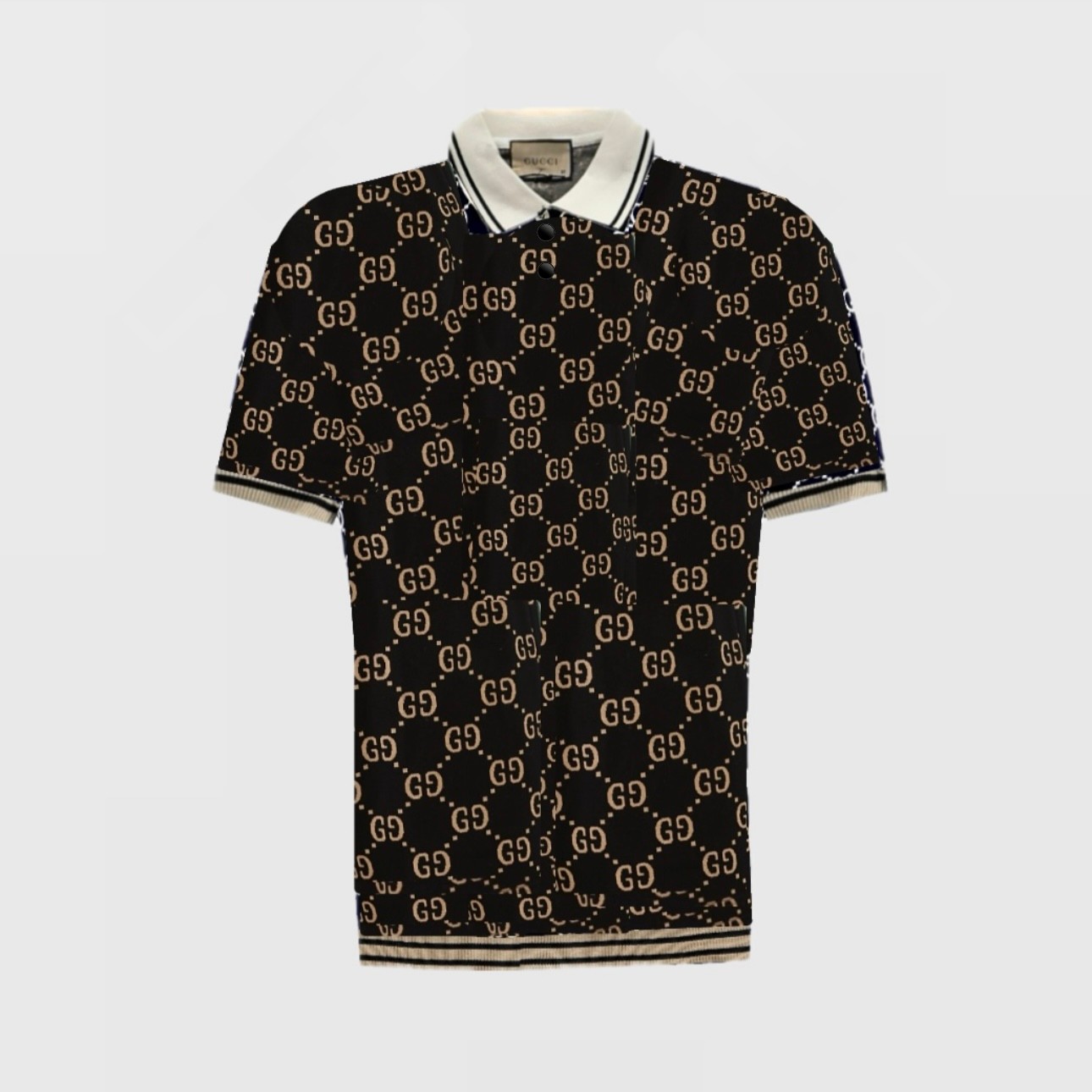 GG Printed Monogram Polo Yaka Triko T-Shirt - Siyah/Krem