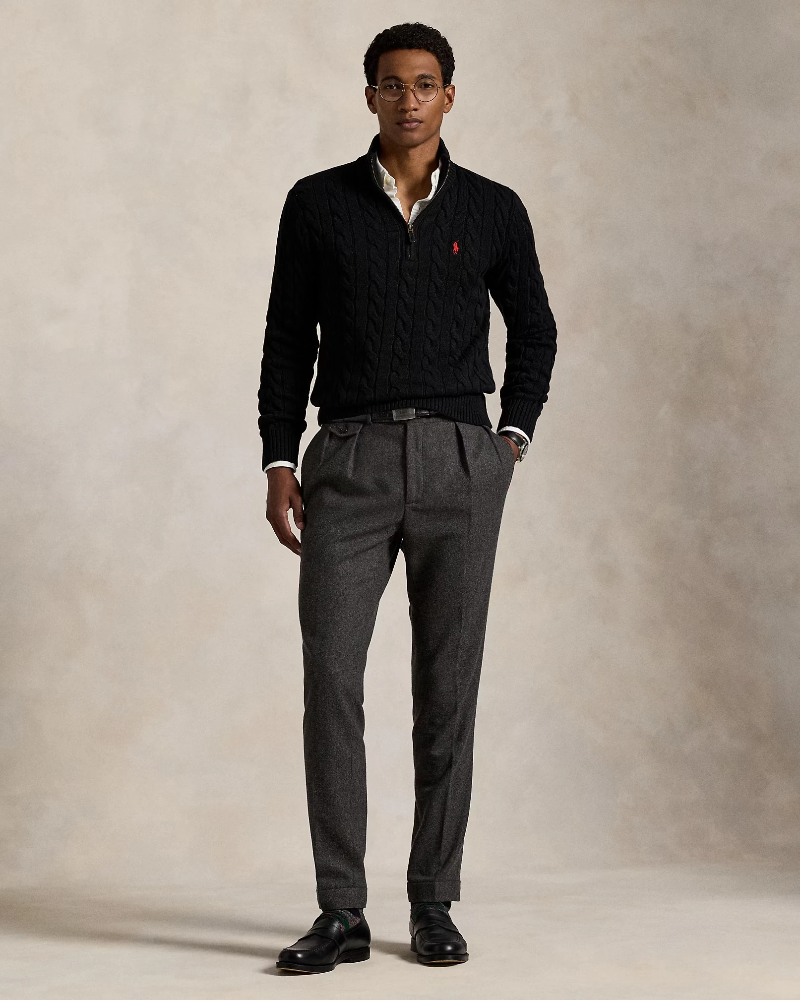 Cable-Knit Cotton Yarım Fermuarlı Üst