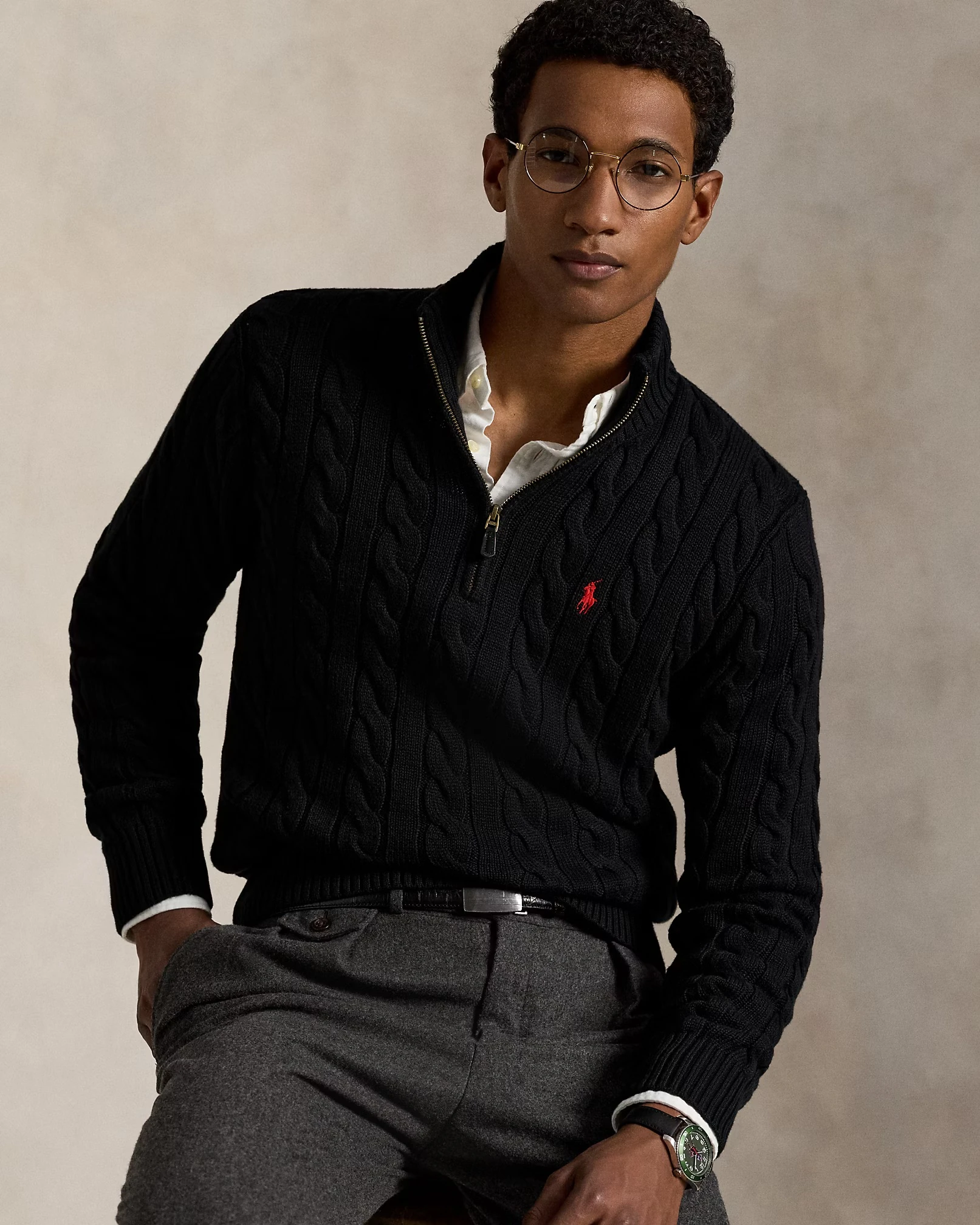 Cable-Knit Cotton Yarım Fermuarlı Üst