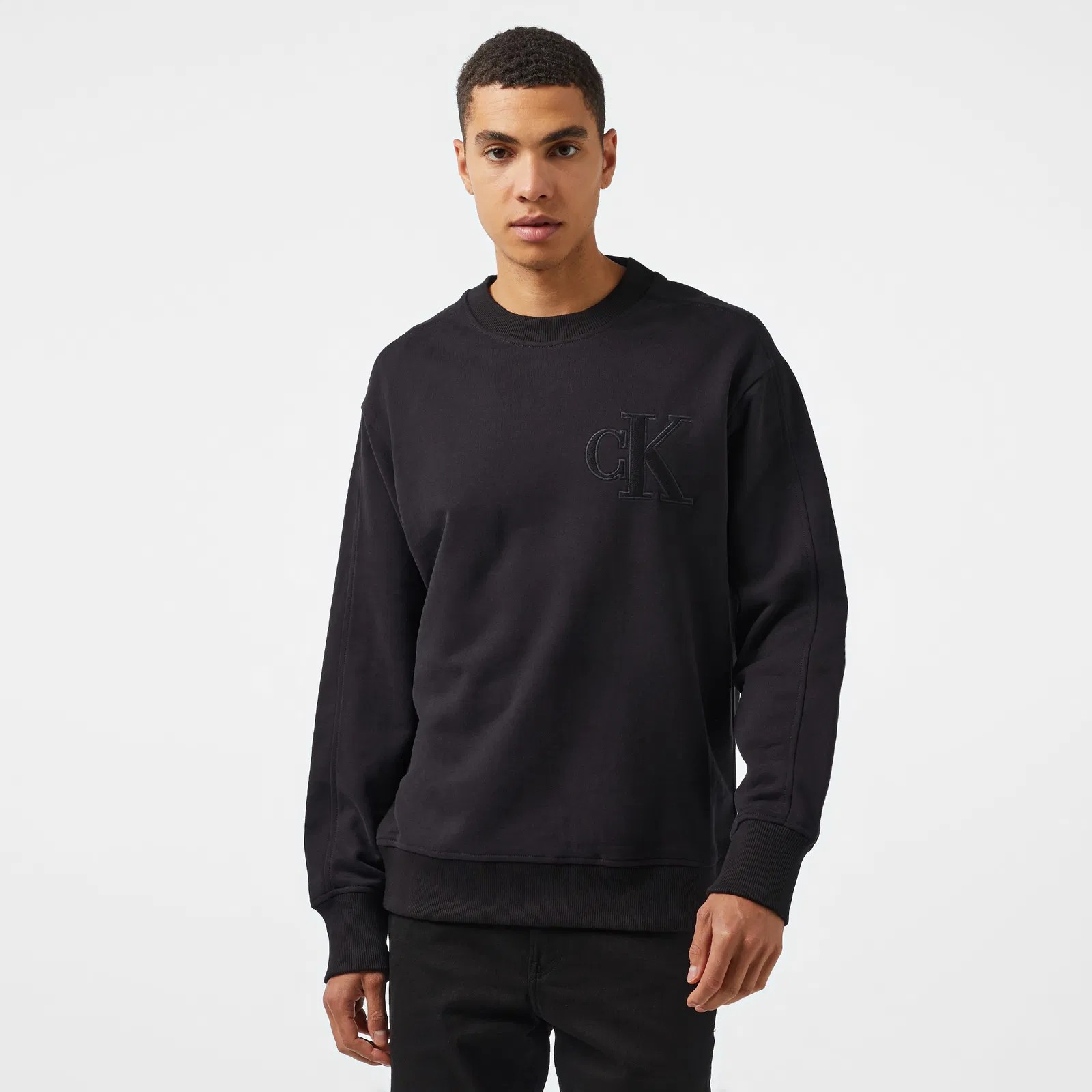 Applique Crew Neck Bisiklet Yaka Siyah Erkek Sweatshirt