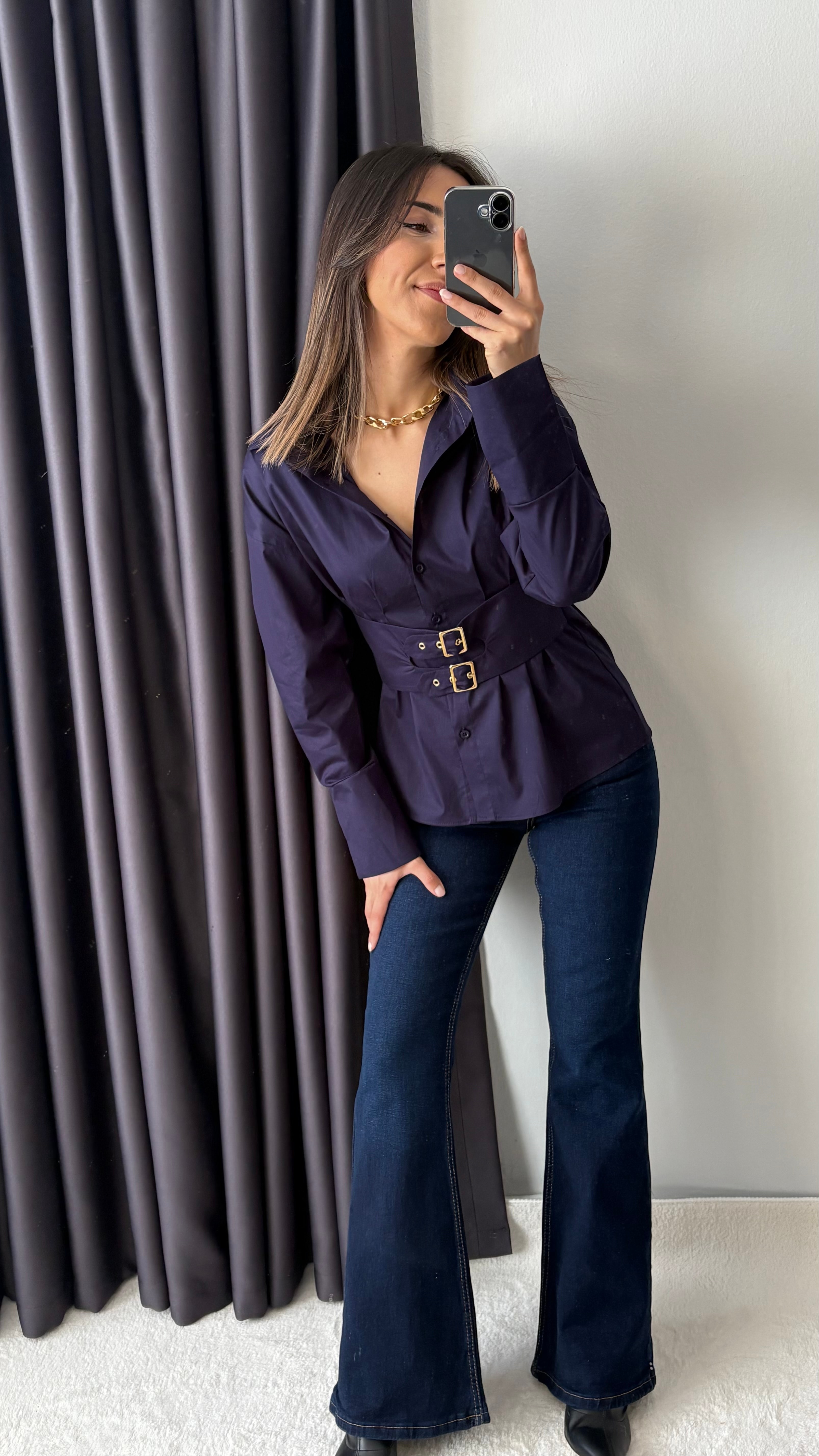 Kemerli Poplin Lacivert Gömlek 