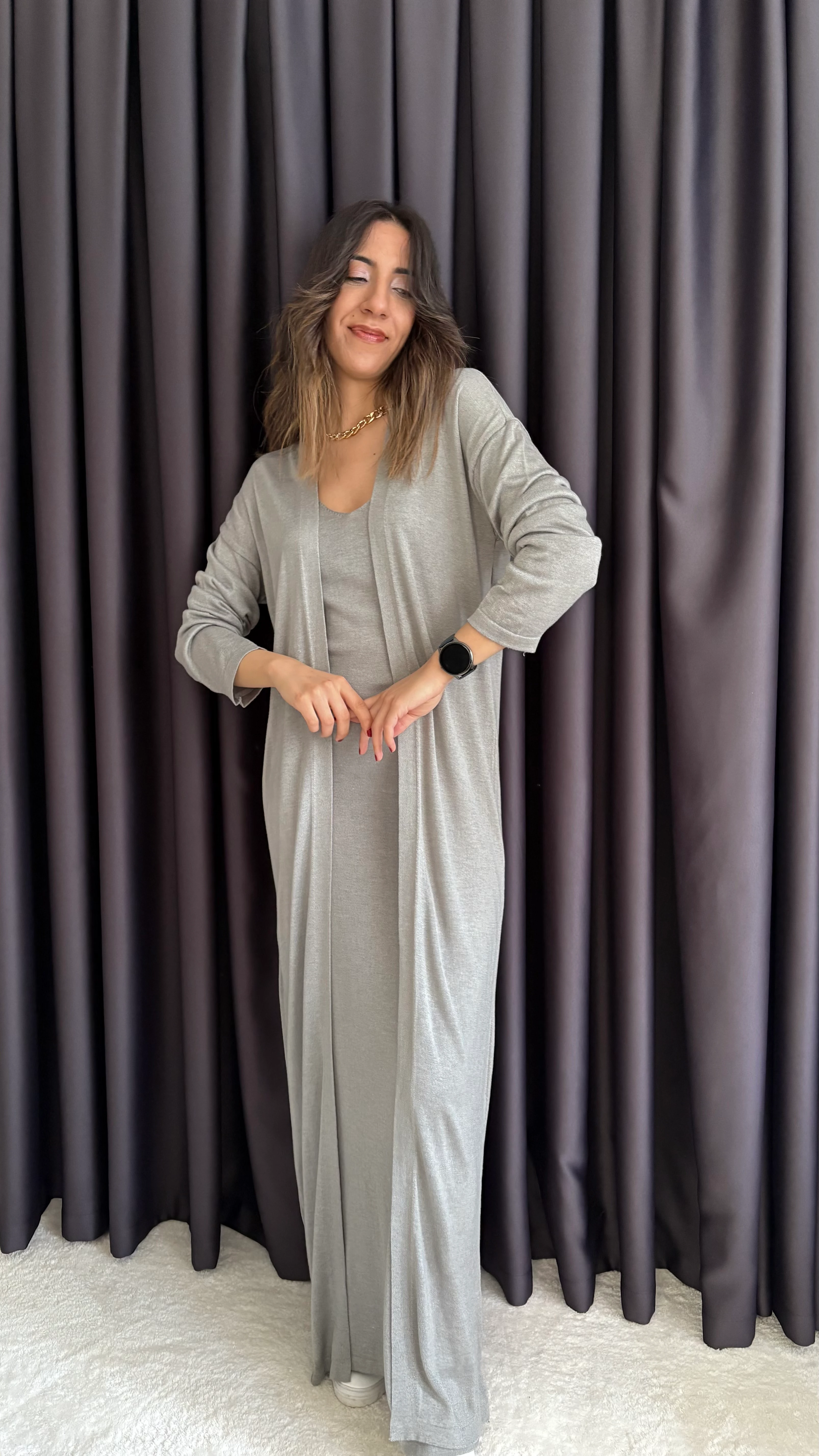 Gri Elbise Hırka Triko Takım