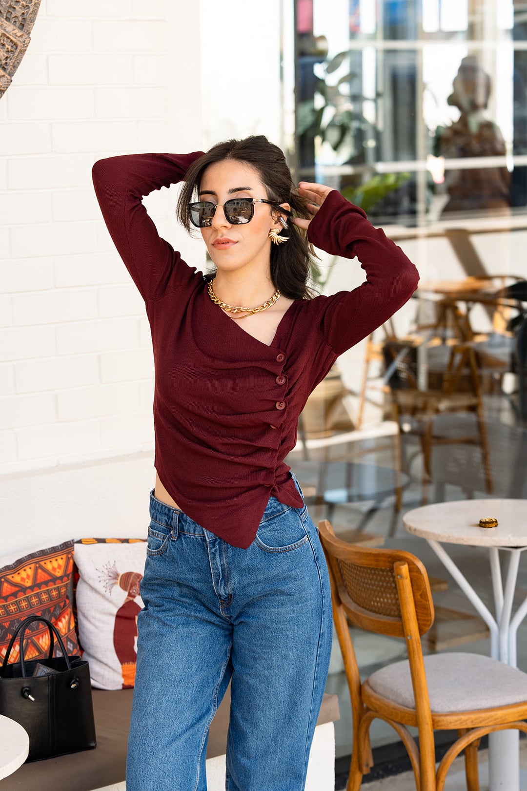 Düğmeli Drapeli Bluz - Bordo