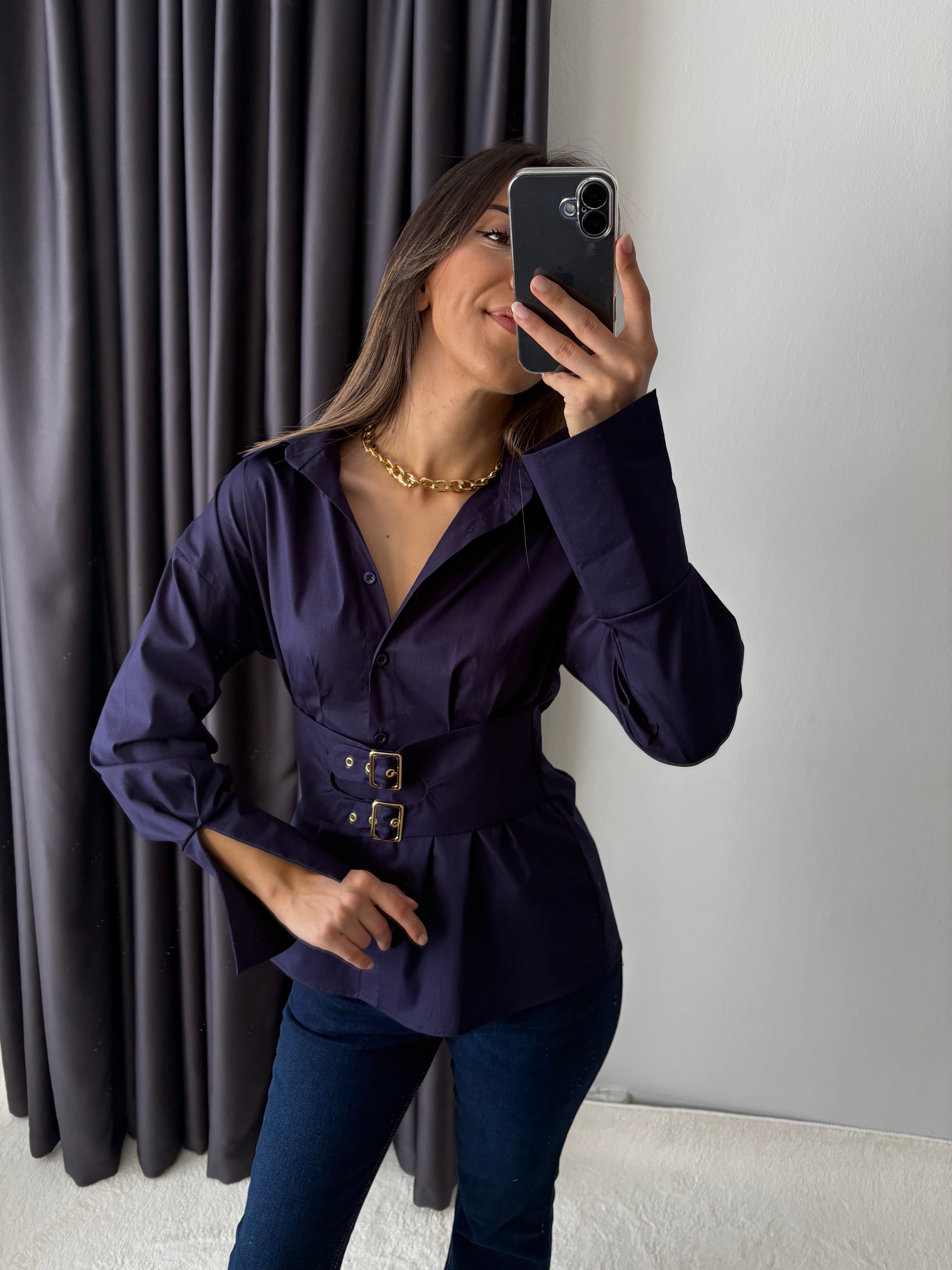 Kemerli Poplin Lacivert Gömlek 