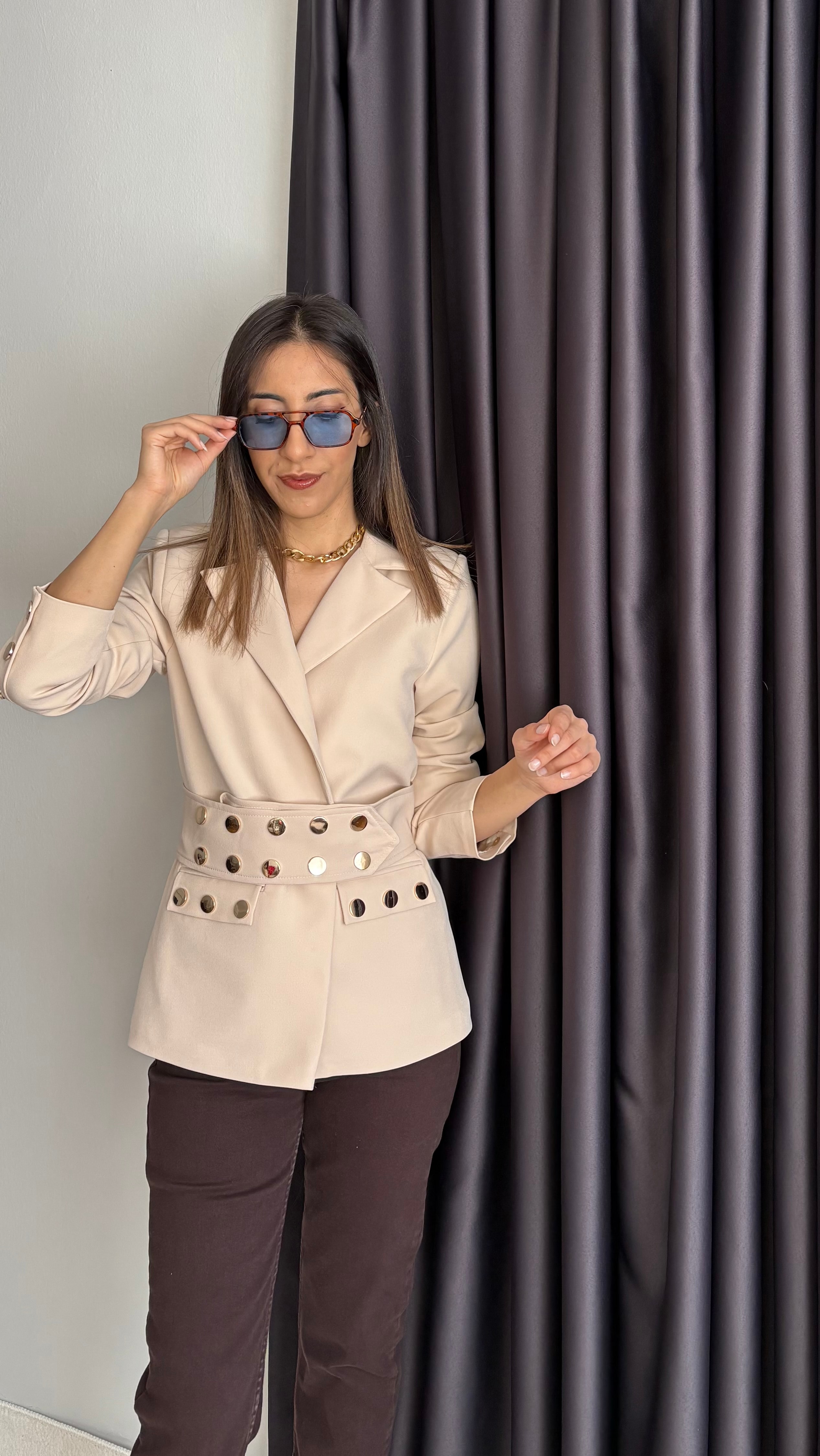 Zımbalı Blazer Bej Ceket
