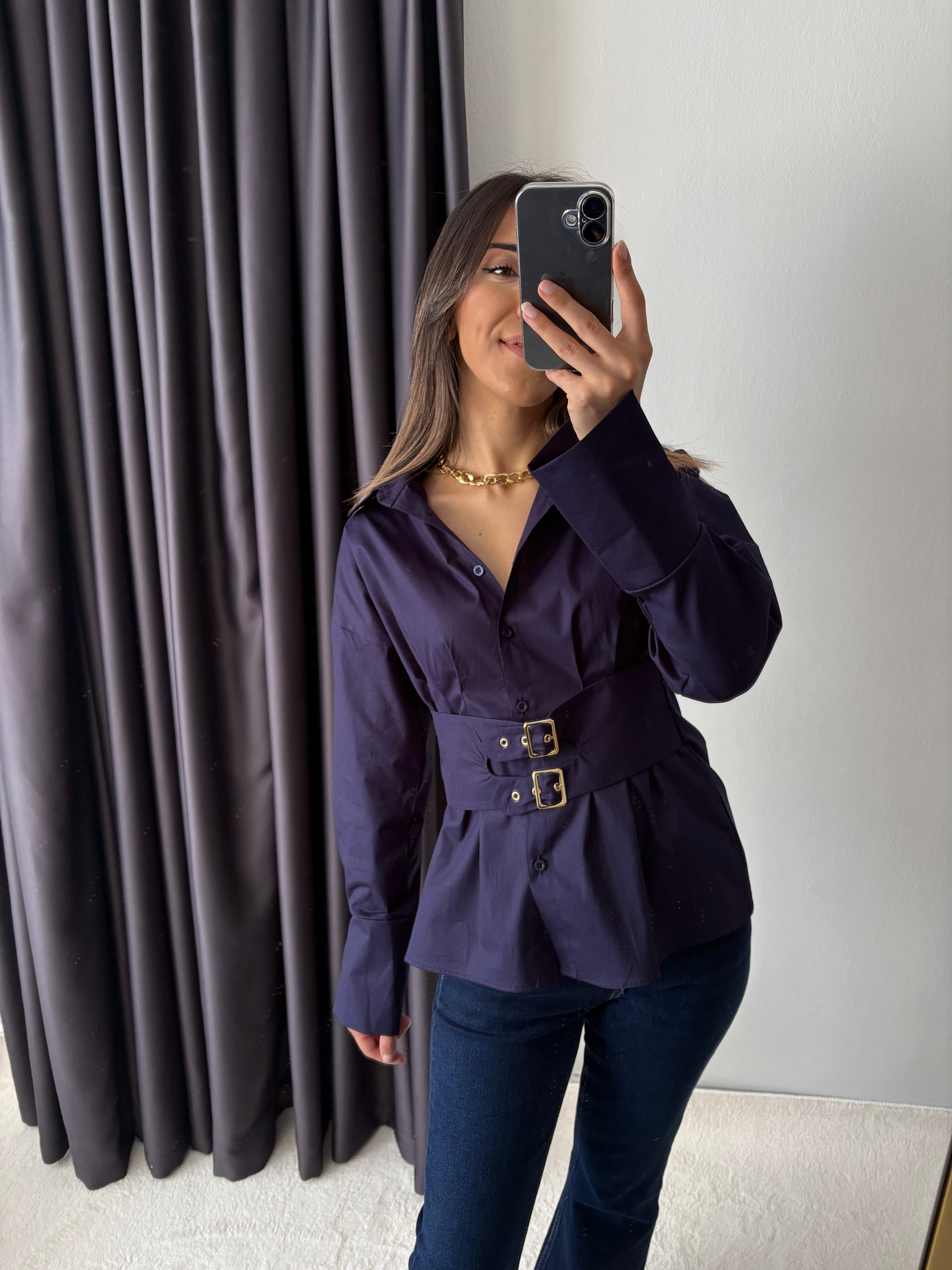 Kemerli Poplin Lacivert Gömlek 