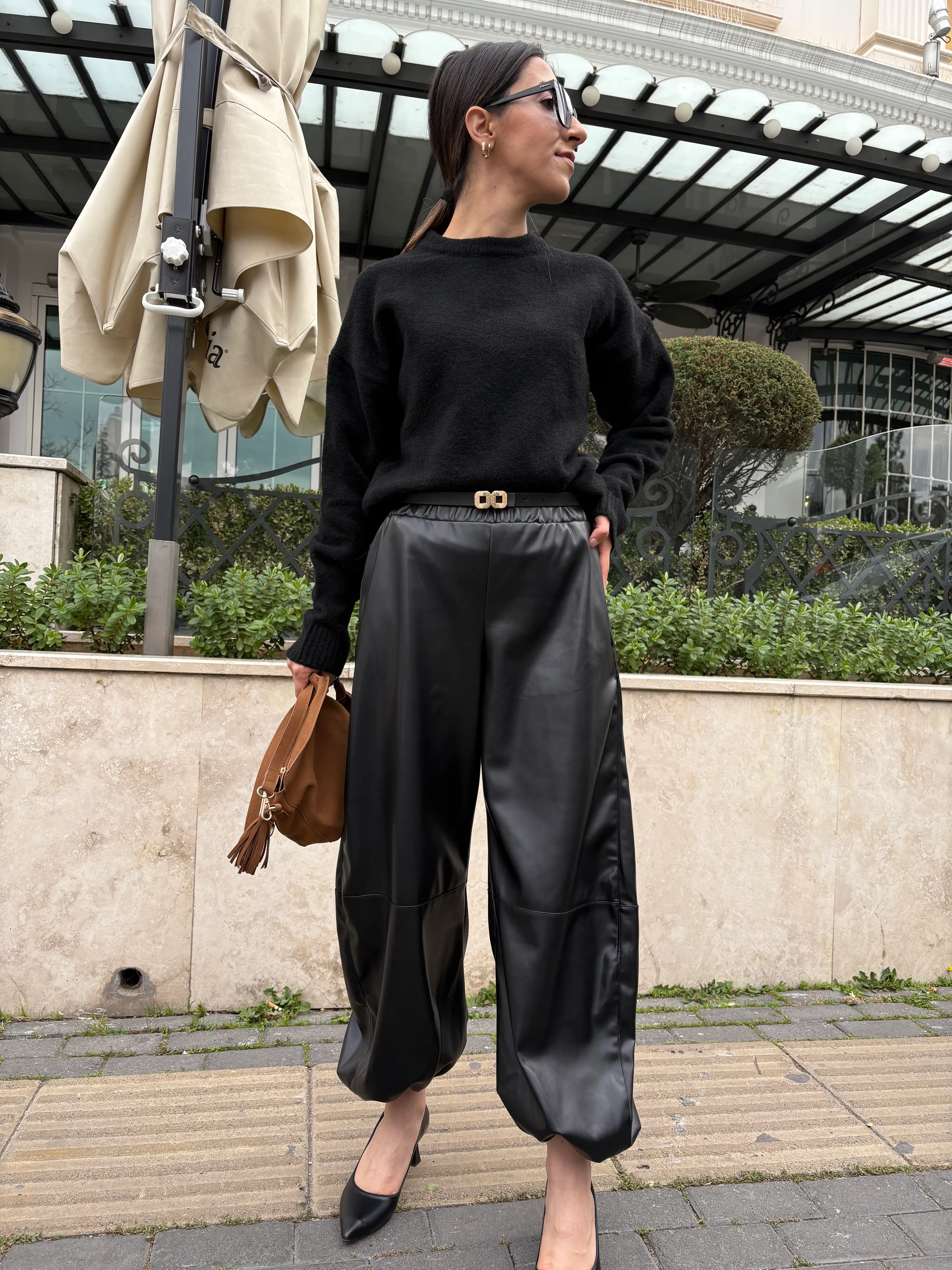 Deri Siyah Şalvar Pantolon