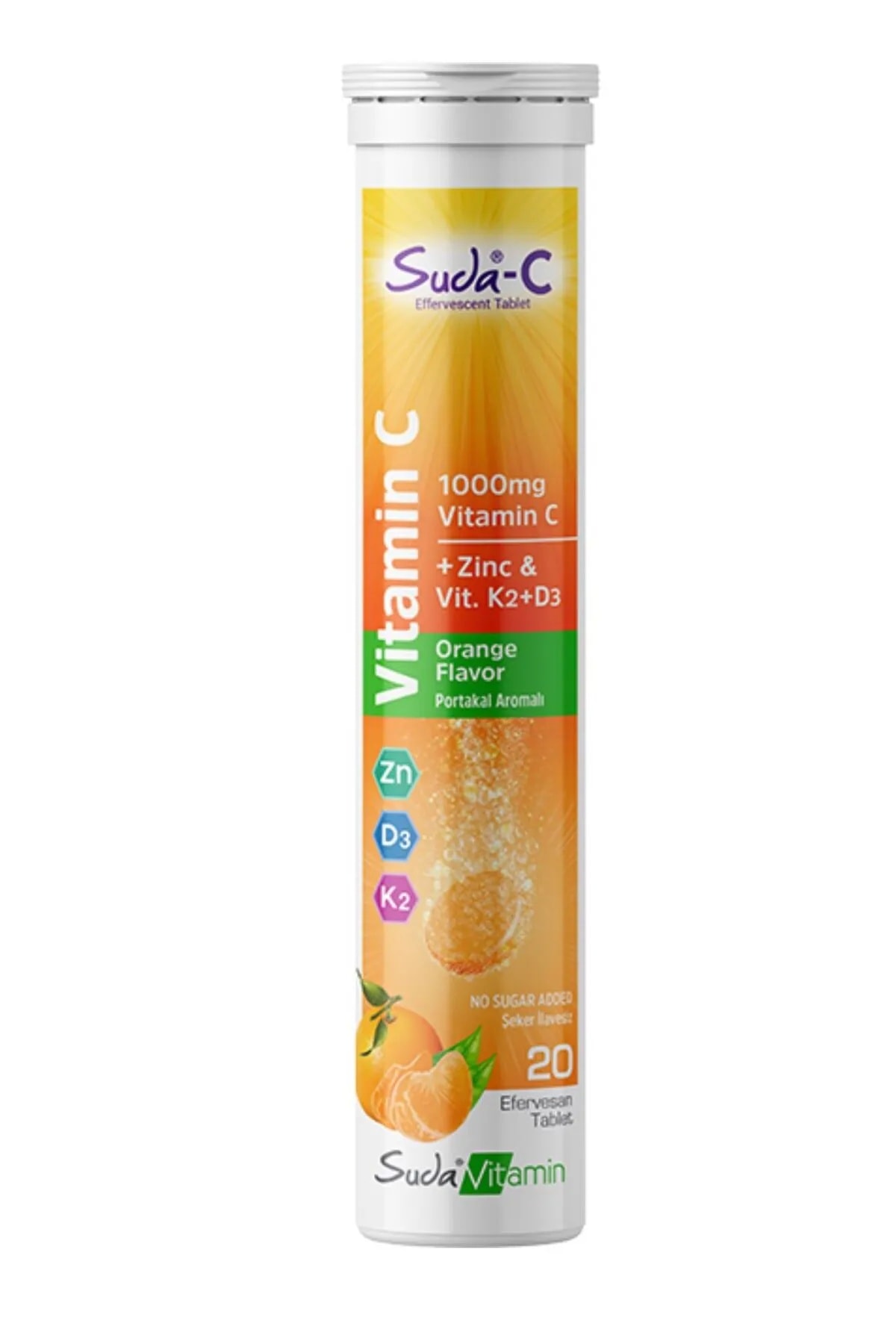 SUDA-C VİTAMİN C 1000MG ZINC VİTAMİN K2D3 ORANGE FLOVER 20 EFERVESAN TABLET