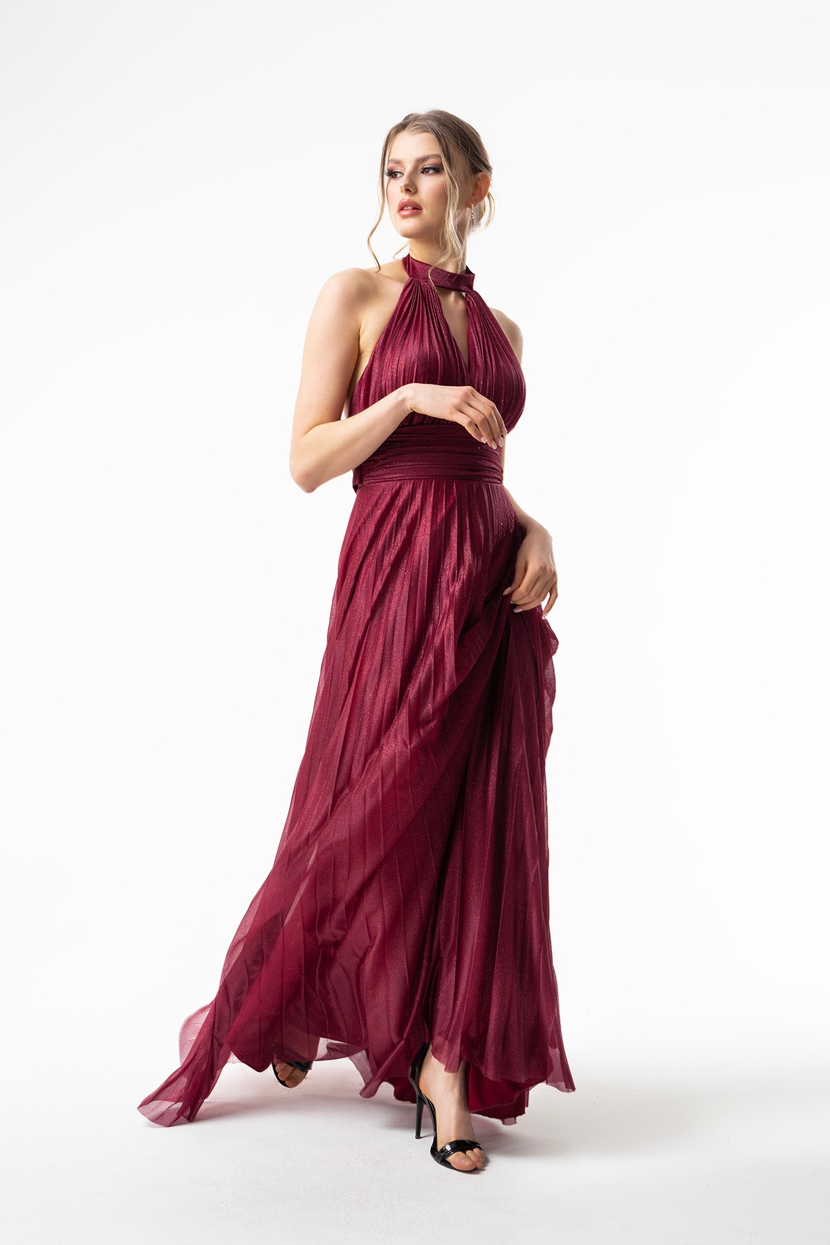 Silvery Pleated Evening Dress