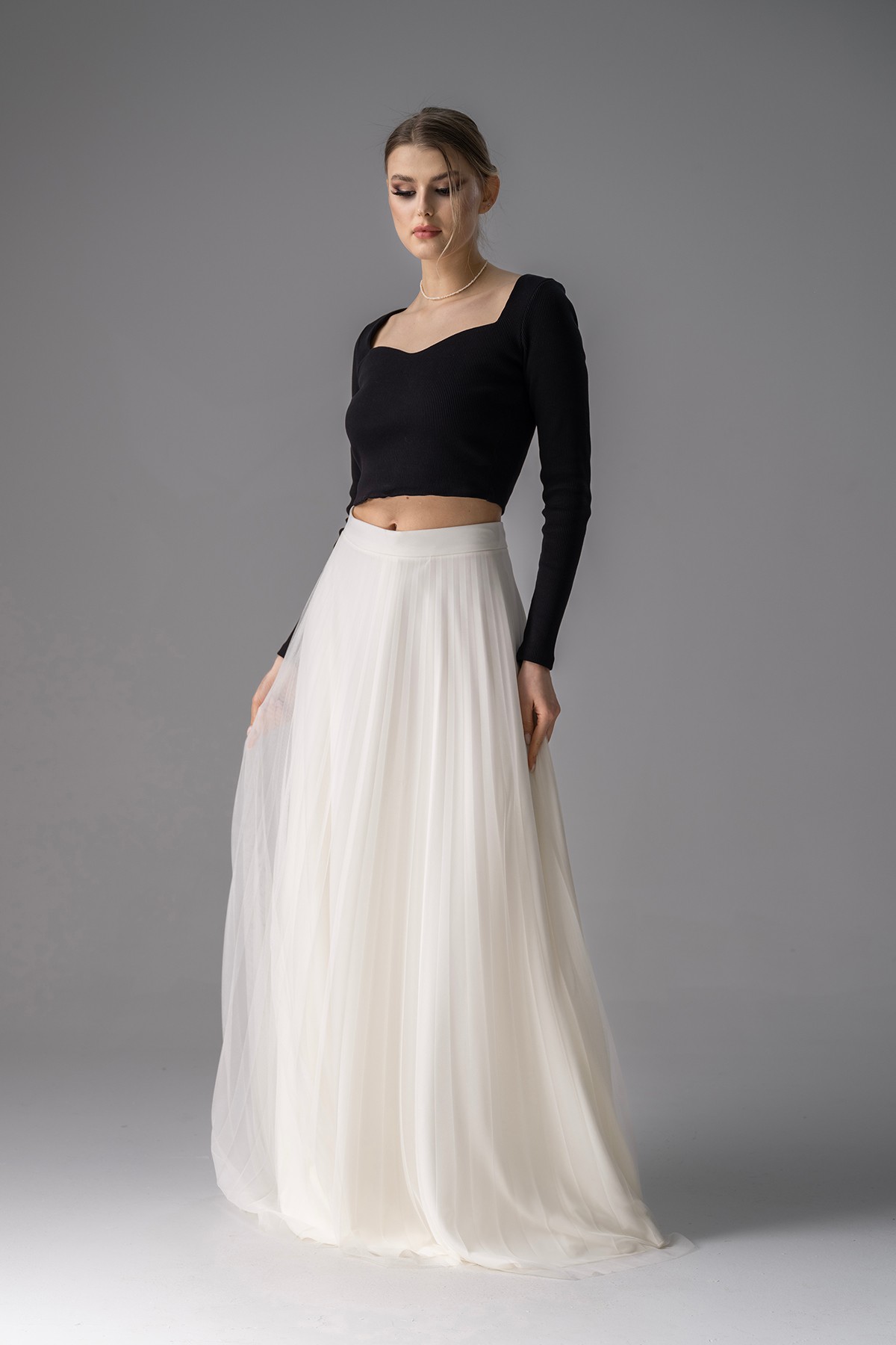 Ivory Pleated Long Skirt