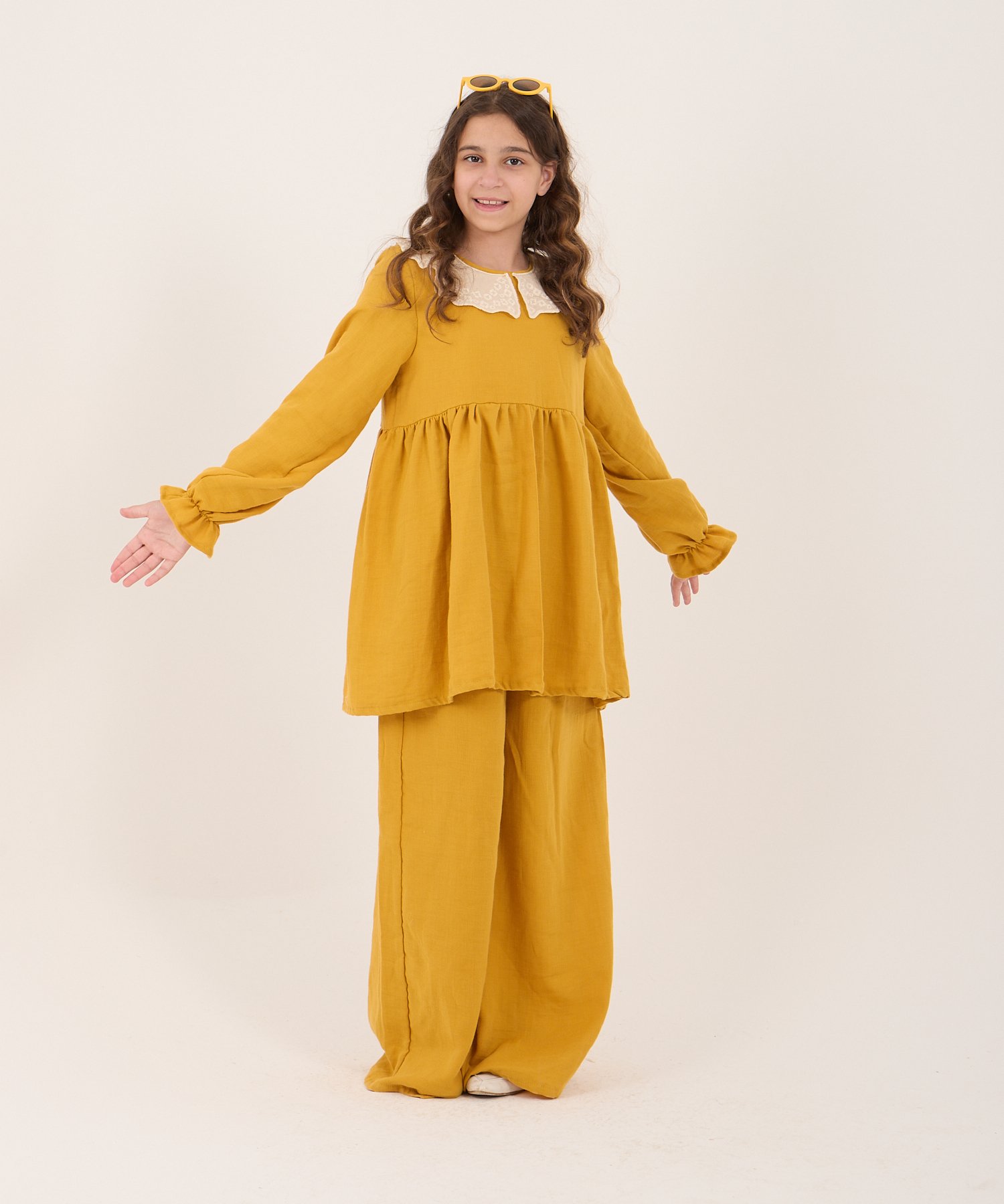 Tesettür Uyumlu Kız Çocuk Hardal Fistolu Yaka Tunik Takım – 2’li Set | 5-14 Yaş | Şık & Rahat