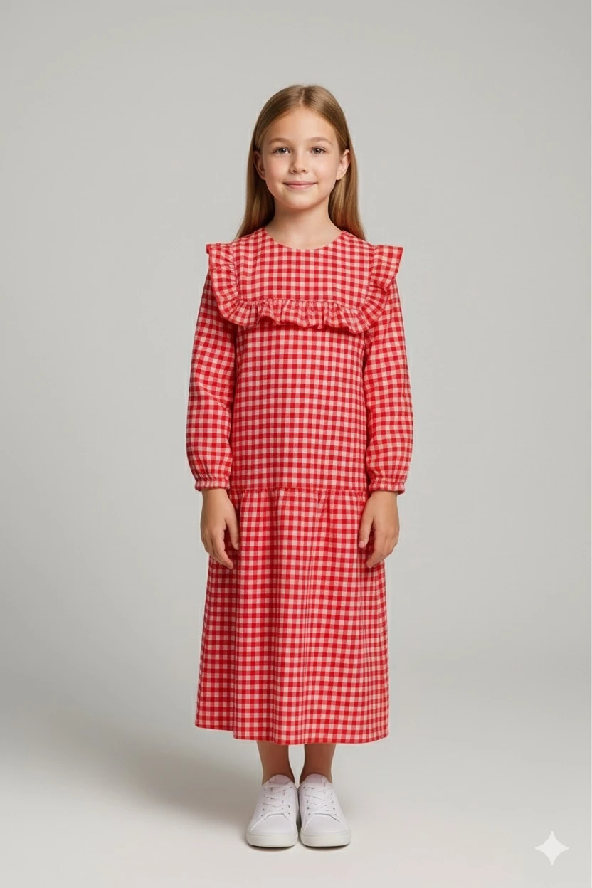 Kırmızı Ekose Bürümcük Kumaş Kız Çocuk Elbise | Tam Boy | 4-15 Yaş | Günlük & Özel Kullanım