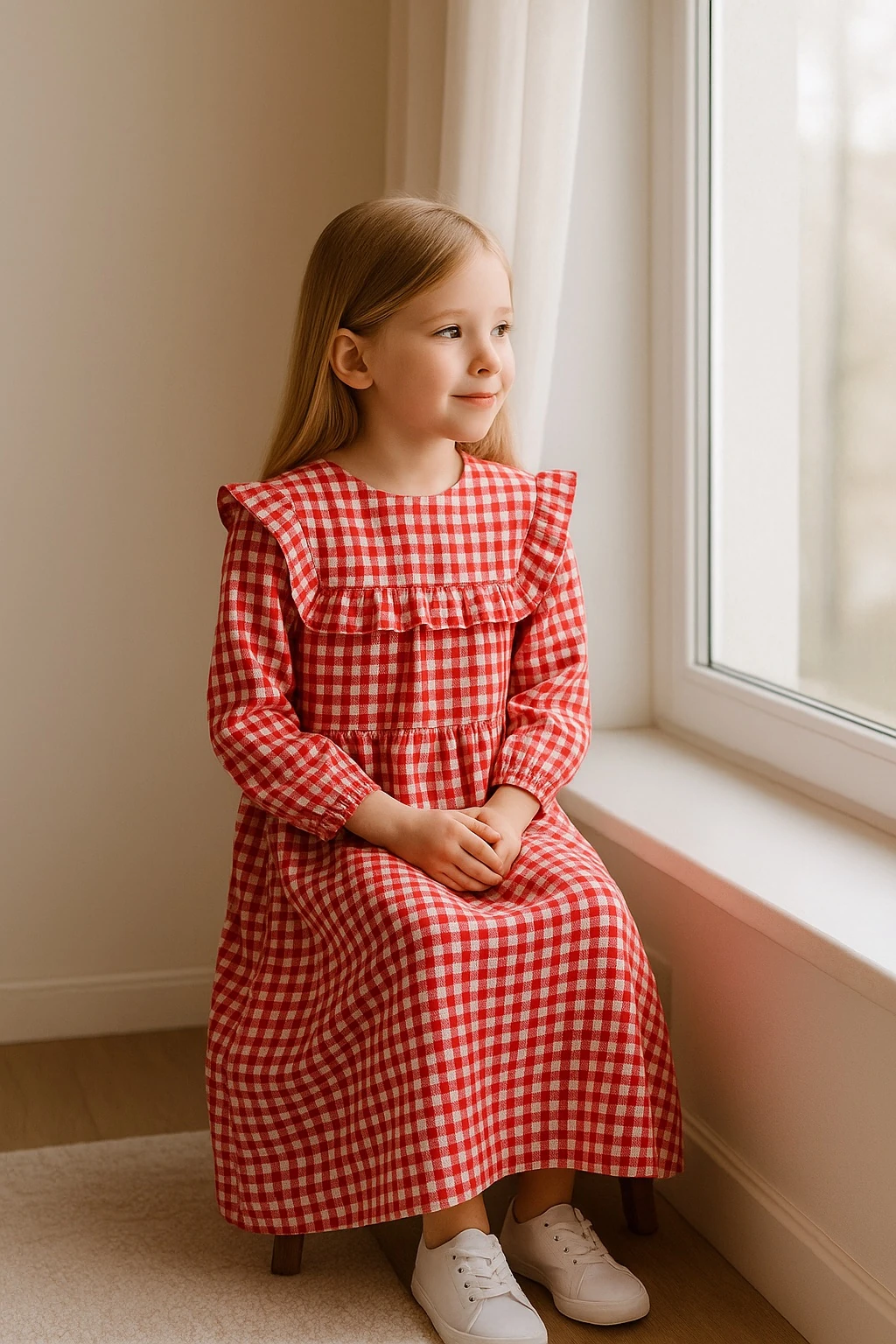 Kırmızı Ekose Bürümcük Kumaş Kız Çocuk Elbise | Tam Boy | 4-15 Yaş | Günlük & Özel Kullanım