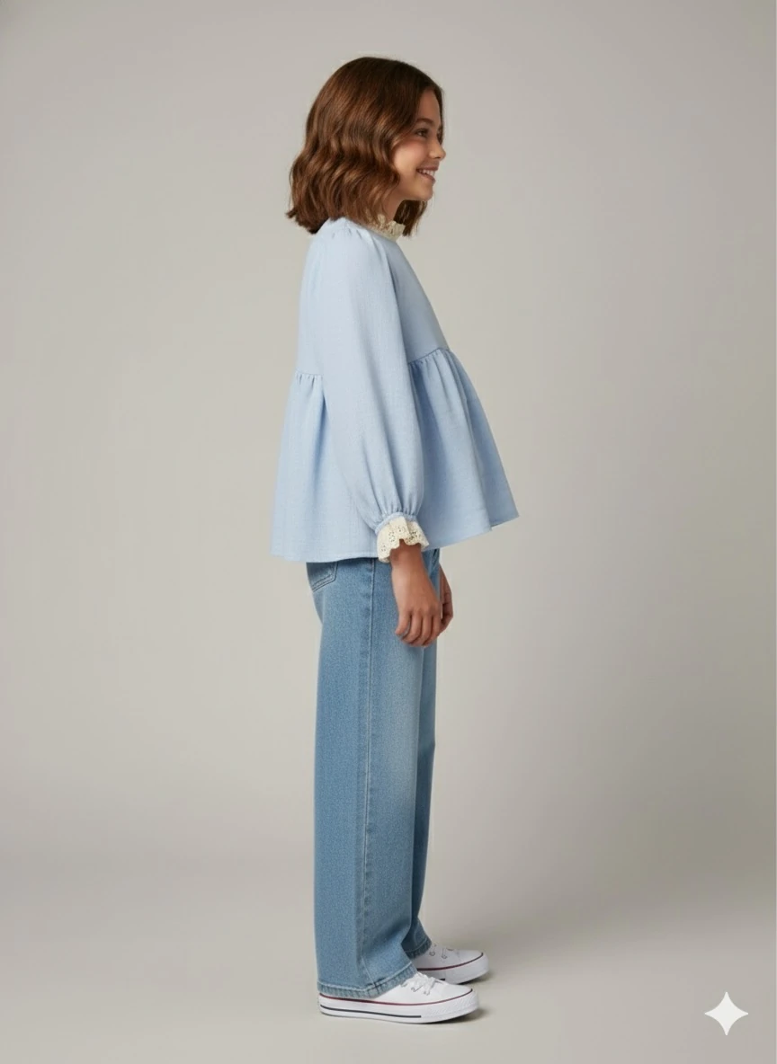 Mavi Müslin Kız Çocuk Tunik | Kol ve Yaka Fisto Detaylı | 4-15 Yaş | Günlük & Özel 