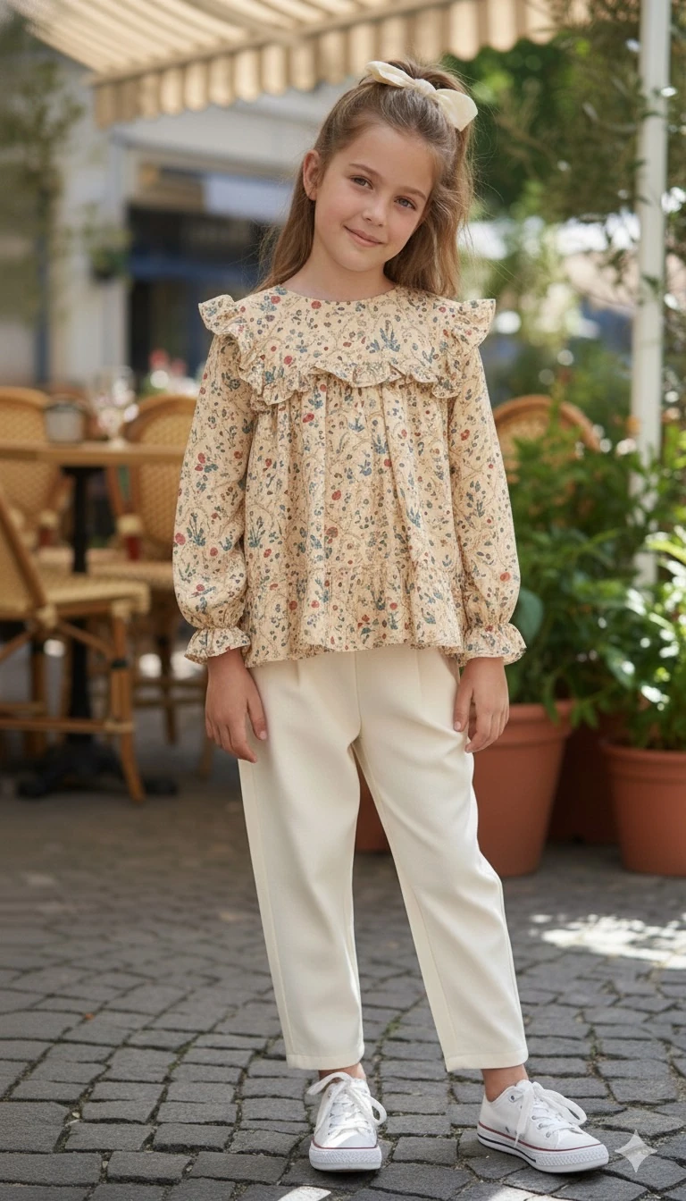 Fırfırlı Vintage Turuncu Fas Desenli Kız Çocuk Tunik Gömlek | 4-15 Yaş | Müslin Dokulu