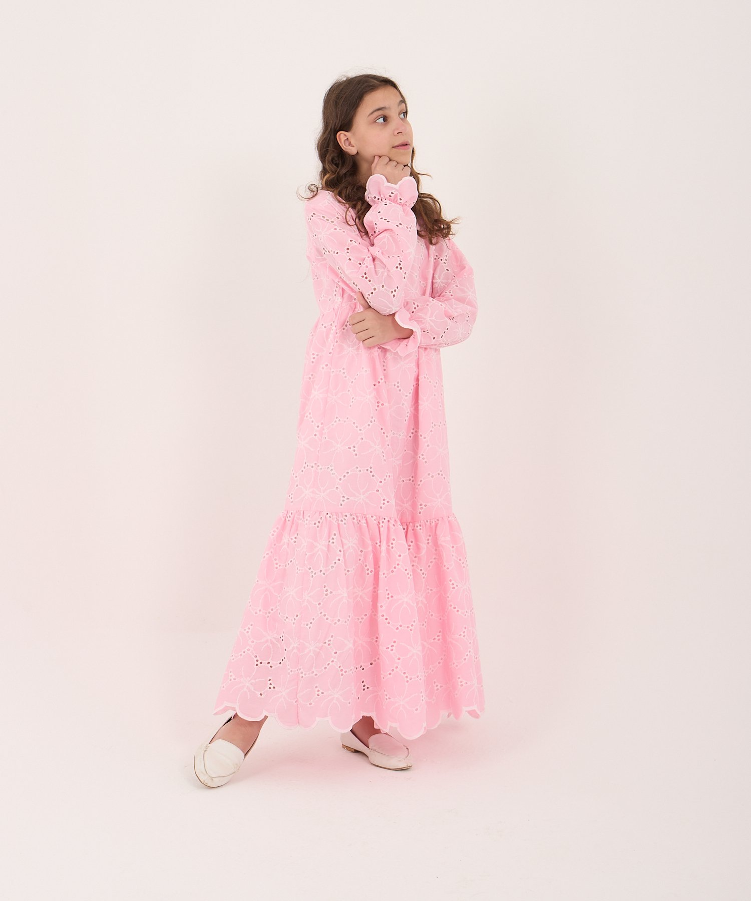 Kız Çocuk Pembe Fistolü Tam Boy Elbise – Tesettür Uyumlu | %80 Pamuklu (5-15 Yaş)