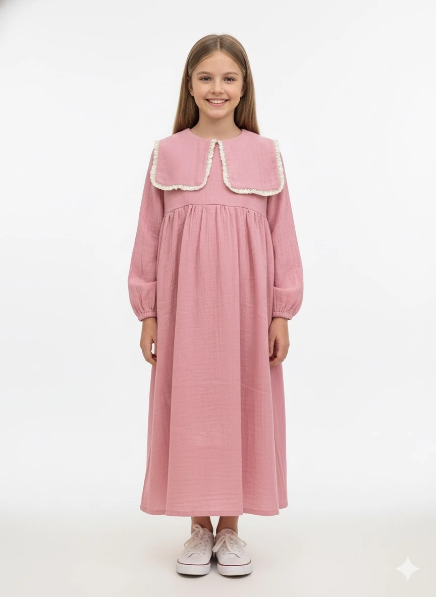 Pembe Kare Yakalı Kız Çocuk Tesettür Elbise | Tam Boy | 4-15 Yaş | Zarif & Doğal Kumaş 