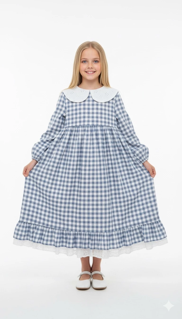 Gri Ekose Desenli Kız Çocuk Elbise | Tam Boy Tesettür | 4-15 Yaş | Günlük & Özel Kullanım 