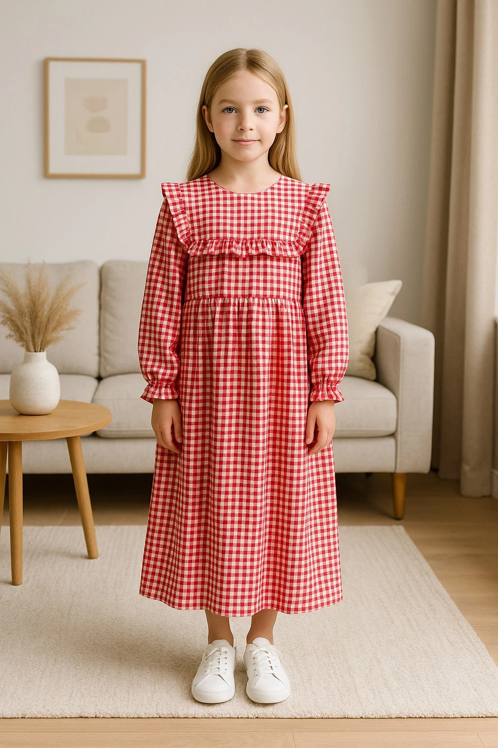 Kırmızı Ekose Bürümcük Kumaş Kız Çocuk Elbise | Tam Boy | 4-15 Yaş | Günlük & Özel Kullanım