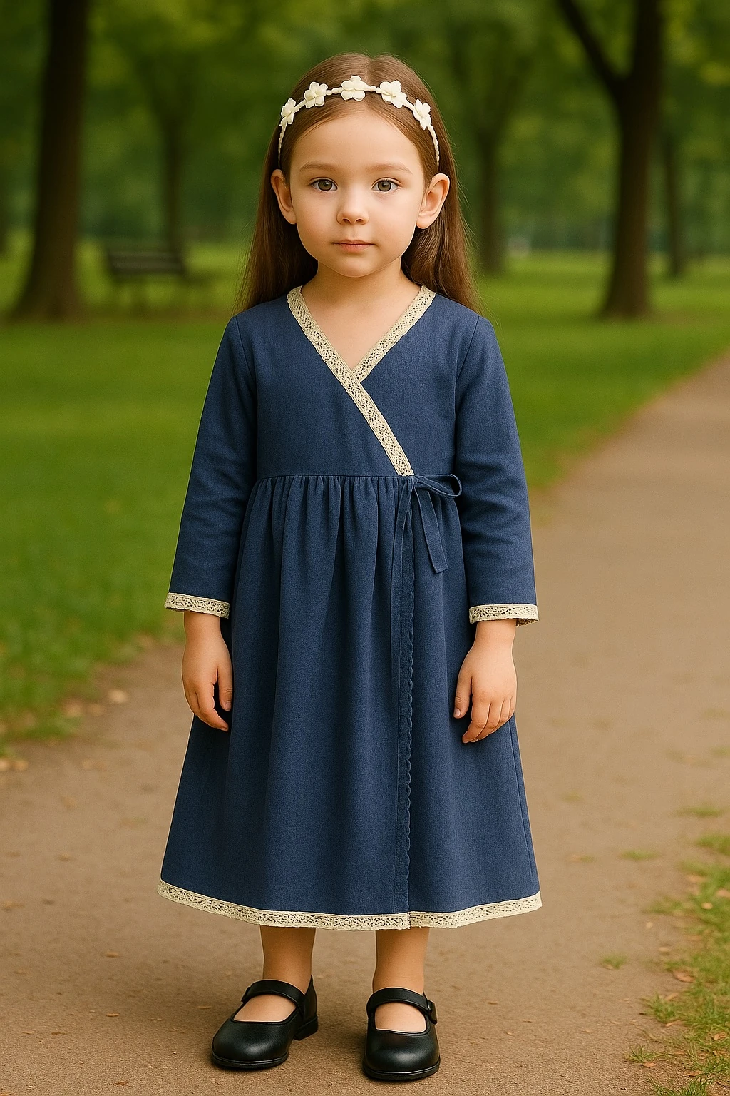 Mavi Müslin Kız Çocuk Namaz Elbisesi | Bağlamalı & Tam Boy | 4-15 Yaş | Hafif & Doğal 