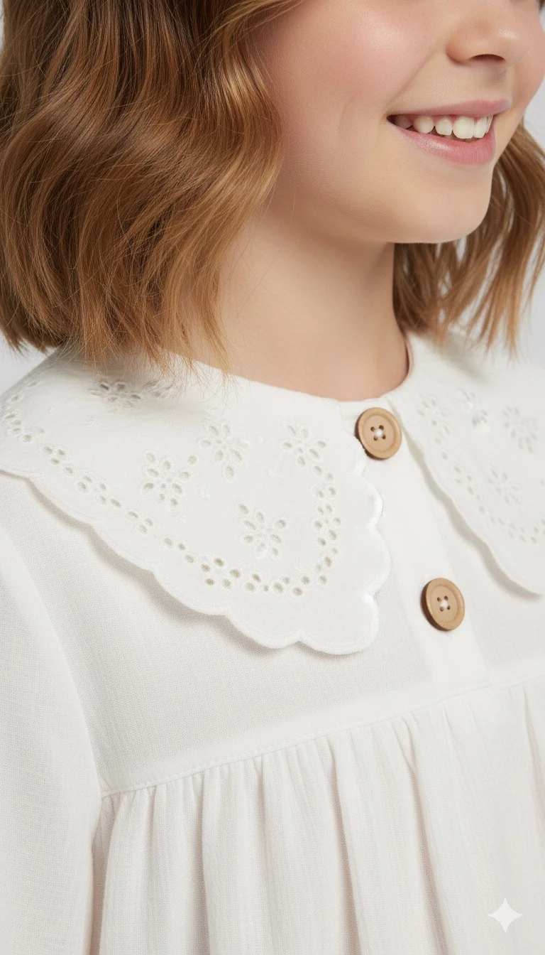 Krem Müslin Fisto Detaylı Bebe Yakalı Kız Çocuk Gömlek | 4-15 Yaş | Doğal & Rahat Kumaş
