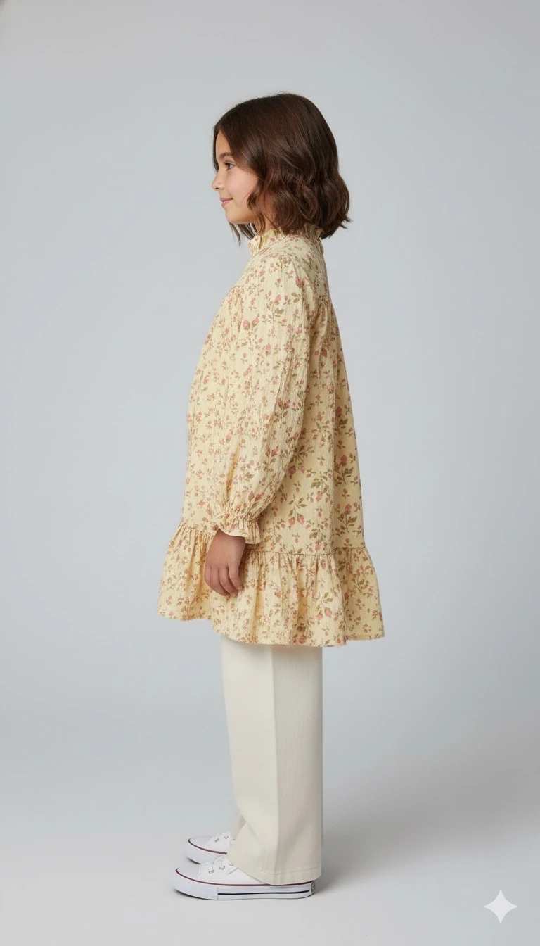 Vintage Güllü Sarı Kız Çocuk Tunik | Müslin Dokulu | 4-15 Yaş | Günlük & Özel Kullanım